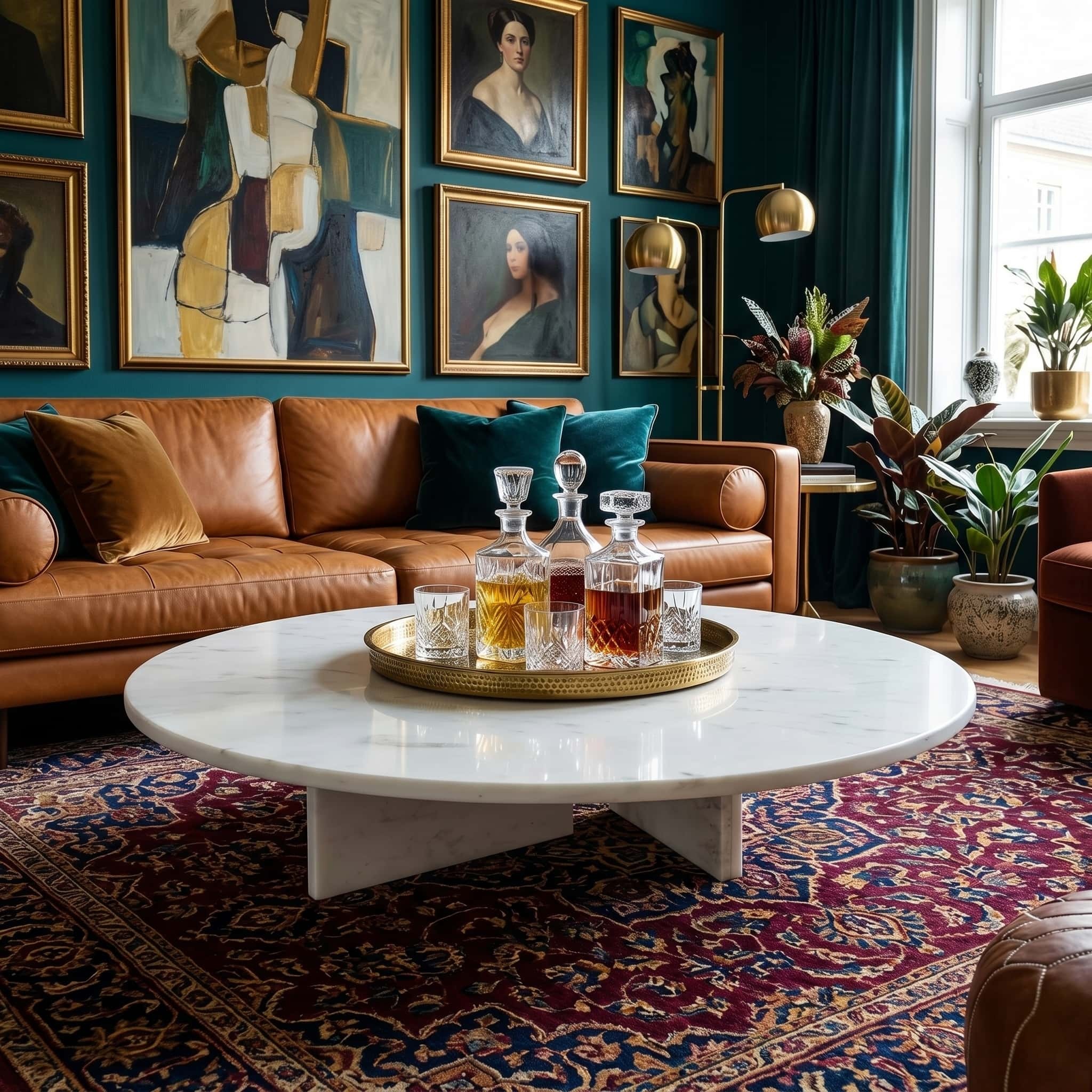 Round white marble coffee table in a maximalist room with tan leather sofa, teal walls, framed gallery wall, and Persian rug.