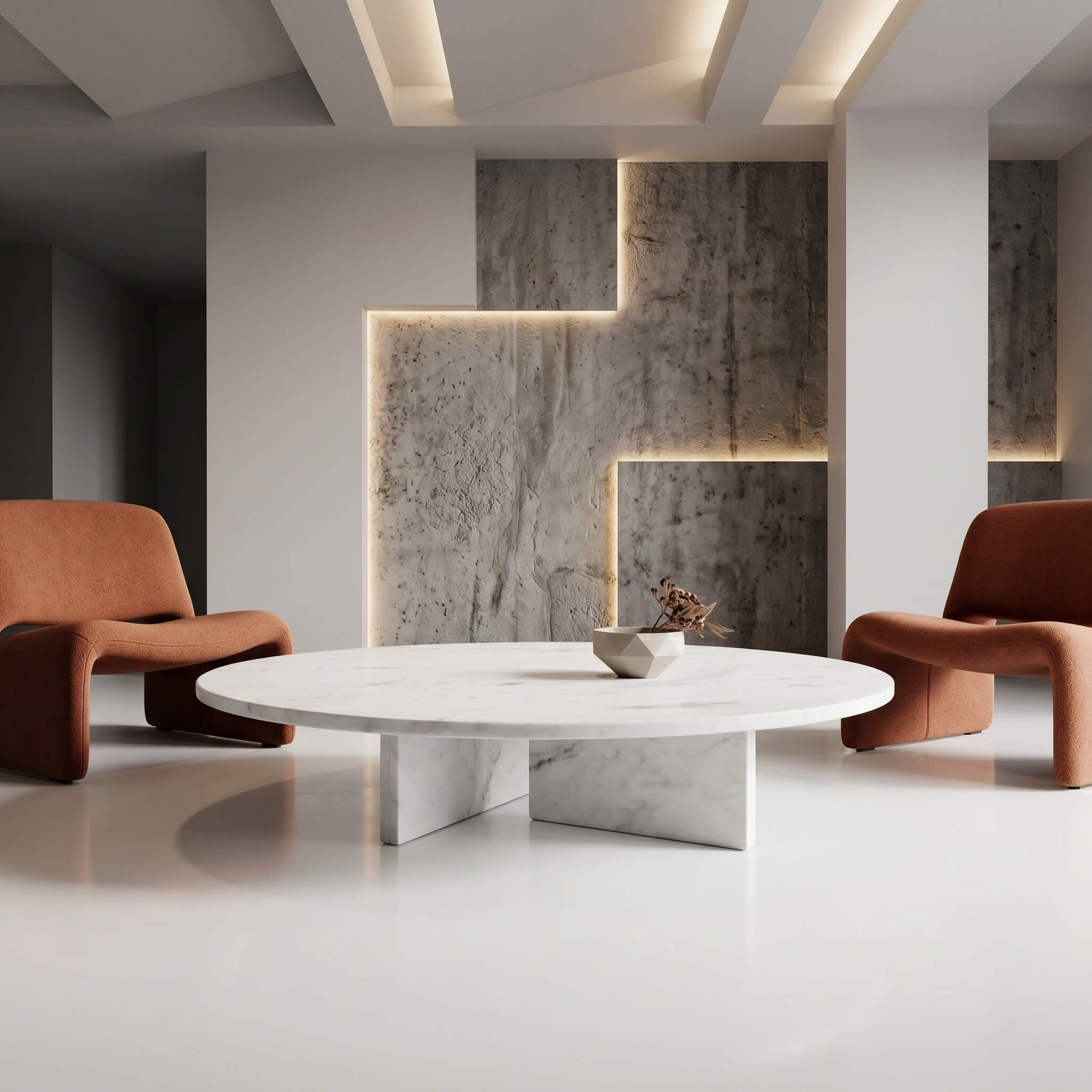 Round white marble coffee table in a minimalist room with rust bouclé armchairs and a backlit concrete feature wall.