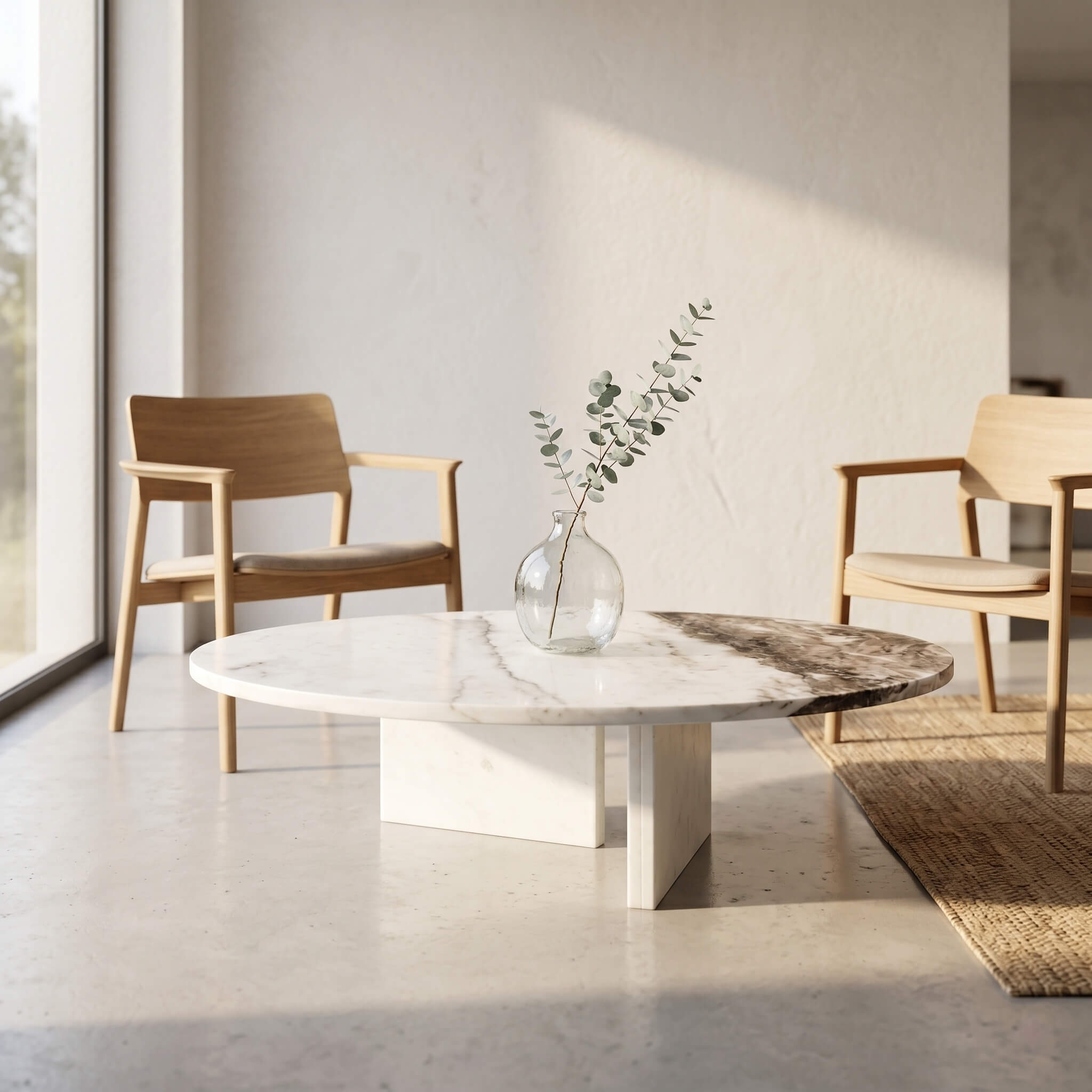 Round white marble coffee table with bold veining in a Nordic minimalist room with oak armchairs and a jute rug.