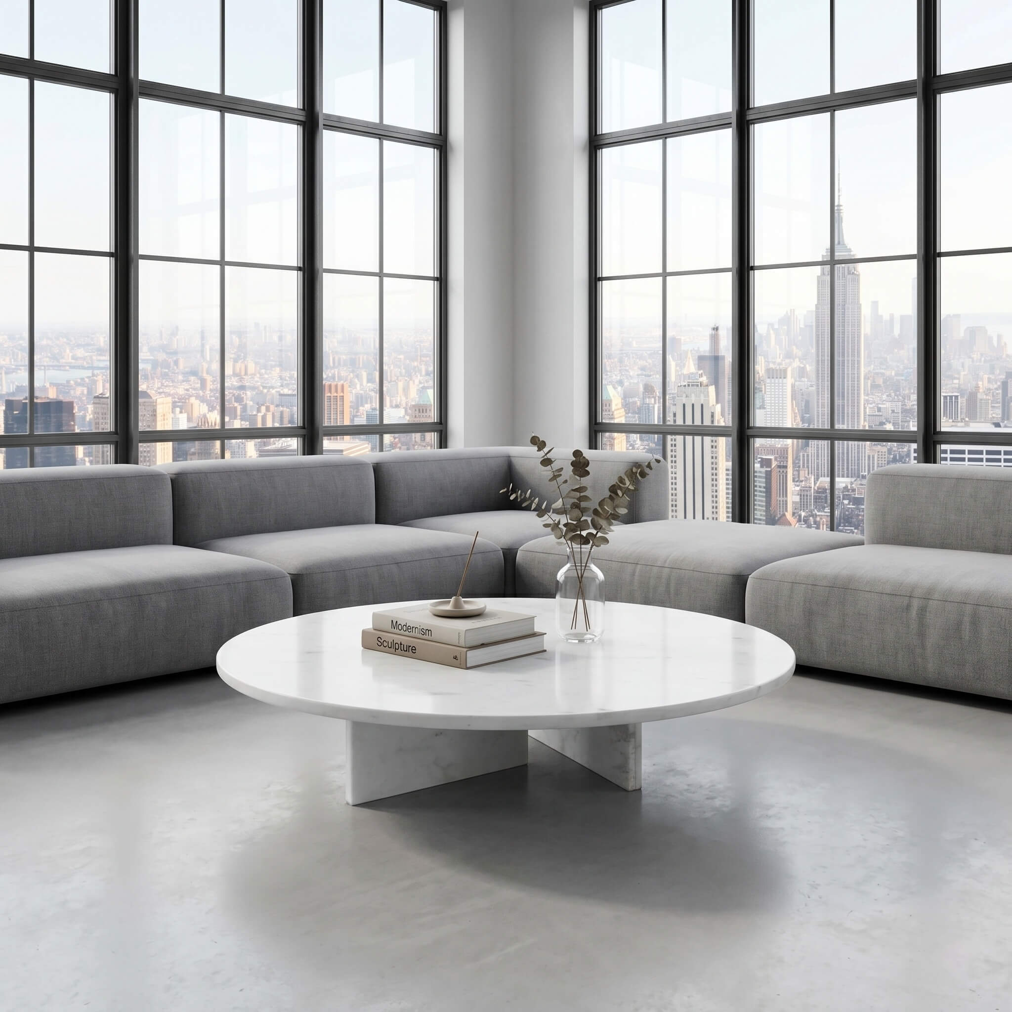 Round white marble coffee table in a New York loft with grey modular sofa and city skyline through black-framed windows.