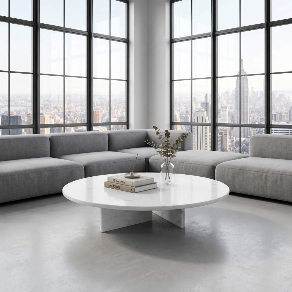 Round white marble coffee table in a New York loft with grey modular sofa and city skyline through black-framed windows.
