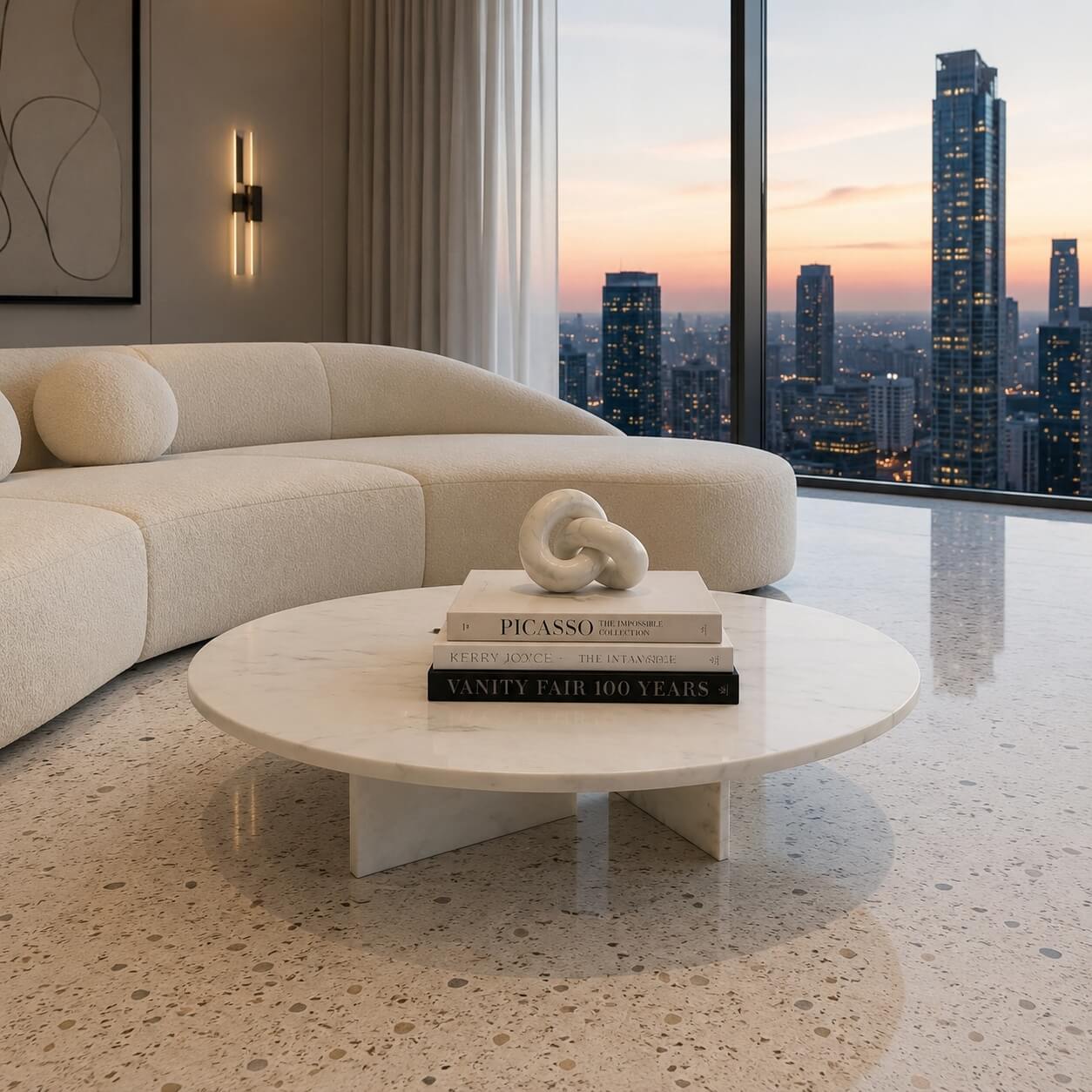 Round white marble coffee table in penthouse living room with city skyline at sunset, cream curved sofa, terrazzo flooring, styled with Picasso and Vanity Fair art books.
