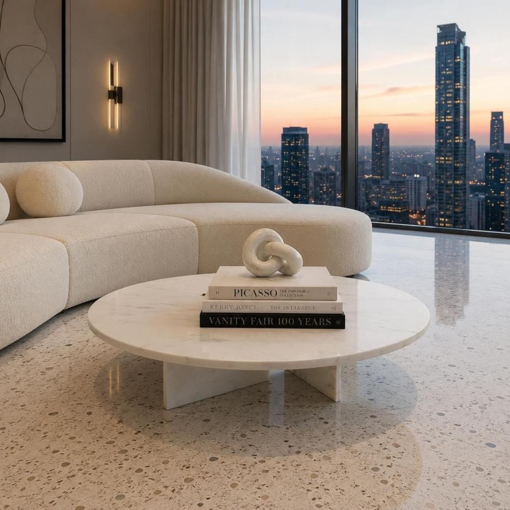 Round white marble coffee table in penthouse living room with city skyline at sunset, cream curved sofa, terrazzo flooring, styled with Picasso and Vanity Fair art books.