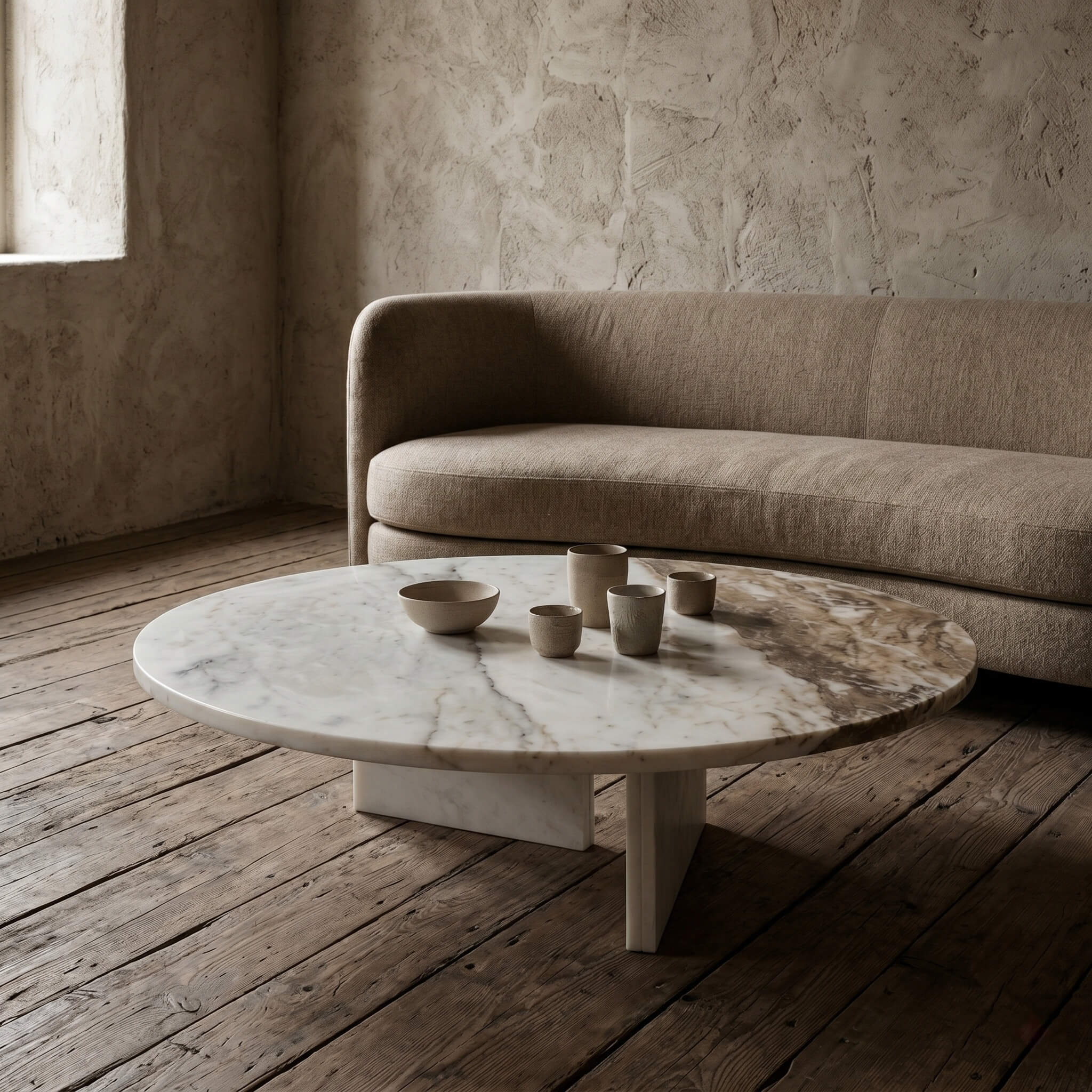 Round white marble coffee table on two slab legs in a rustic wabi-sabi room with plaster walls and weathered wood floor.