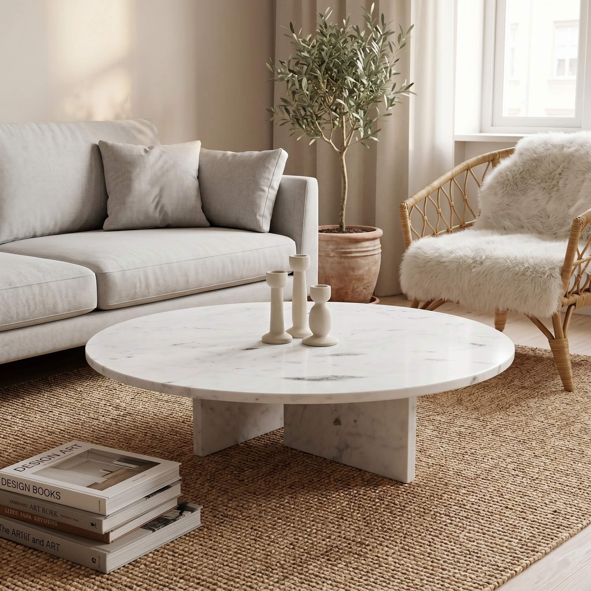Round white marble coffee table in a cozy Scandinavian room with grey sofa, rattan chair, sheepskin throw, and olive tree.