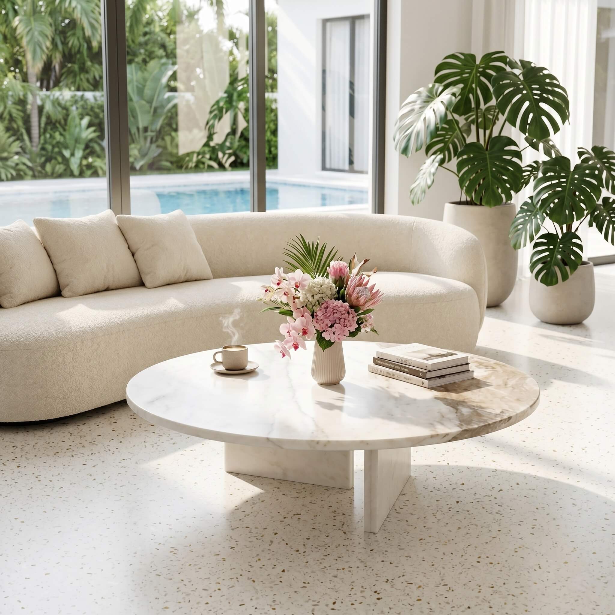 Round white marble coffee table with tropical flowers in a sunlit poolside lounge, cream curved sofa, and monstera plants.