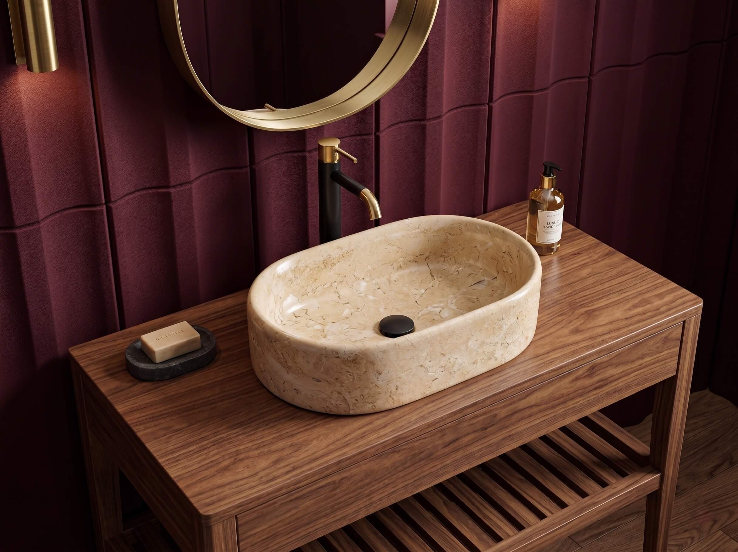 Amber Gold marble vessel sink on walnut open-shelf vanity with two-tone black-gold faucet and burgundy wave-panel wall, art deco bathroom setting.