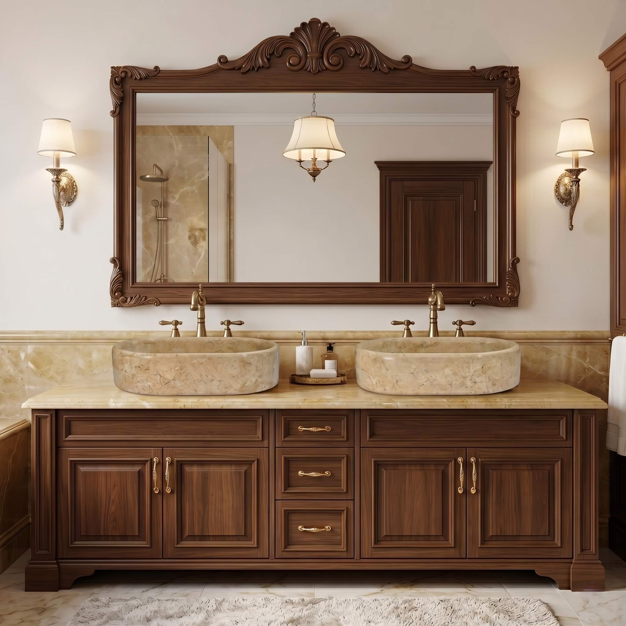 Amber Gold marble vessel sinks on carved walnut double vanity, brass faucets and ornate mirror, traditional European bathroom setting.