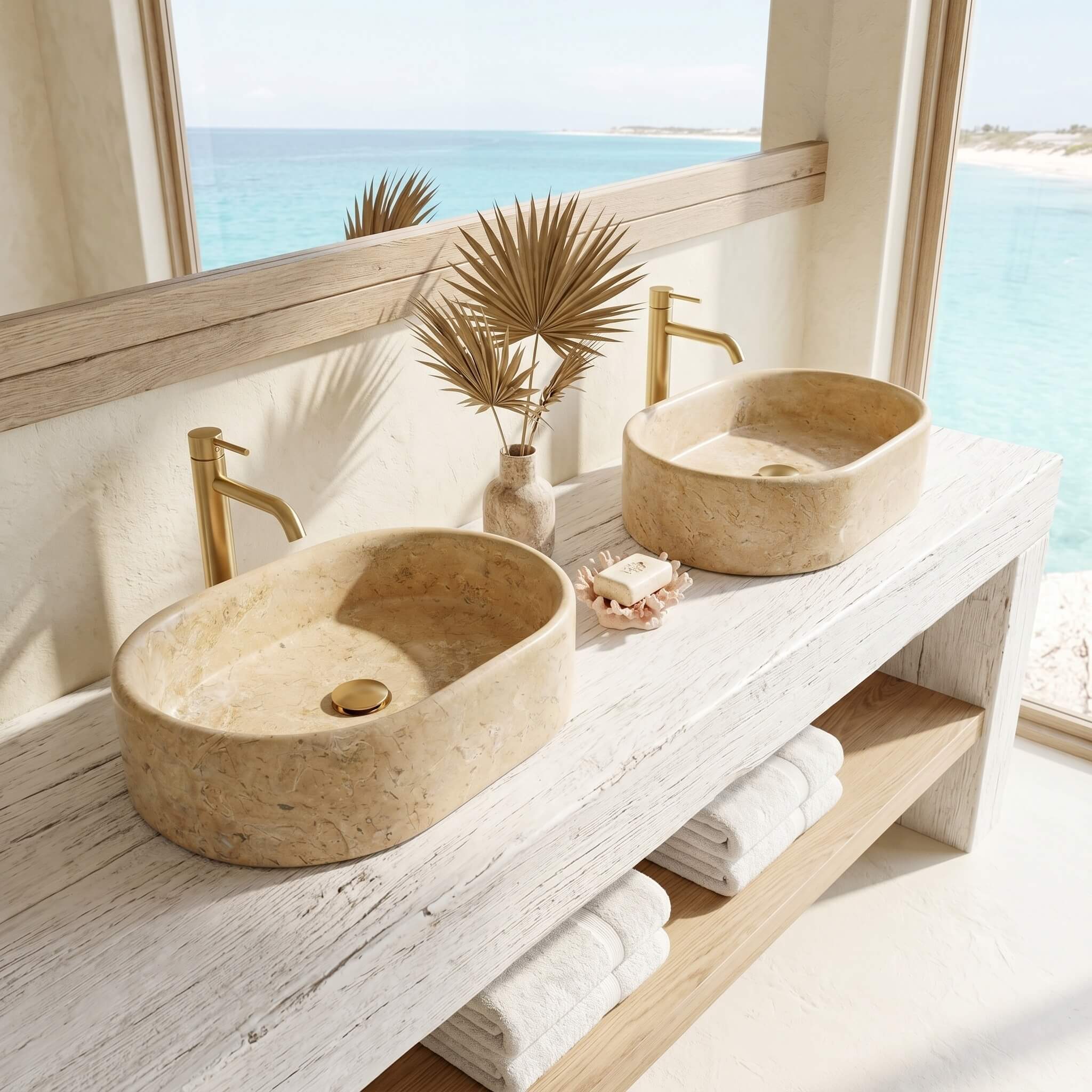 Amber Gold marble vessel sinks on bleached wood vanity with brass faucets, dried palm decor, and ocean view through full-height windows.
