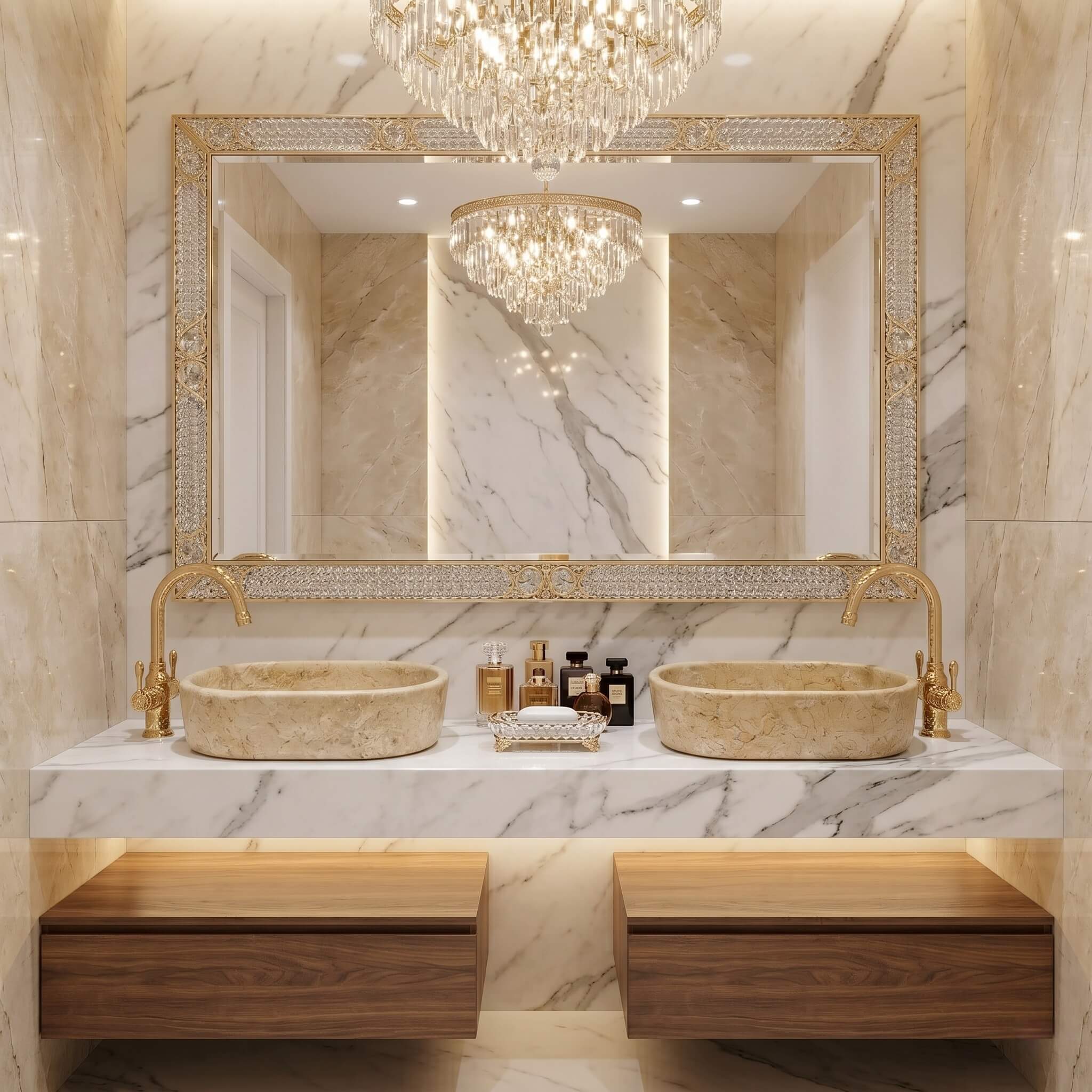 Amber Gold marble vessel sinks on floating white marble vanity with full gold fixtures and crystal mirror frame in a grand glam bathroom.