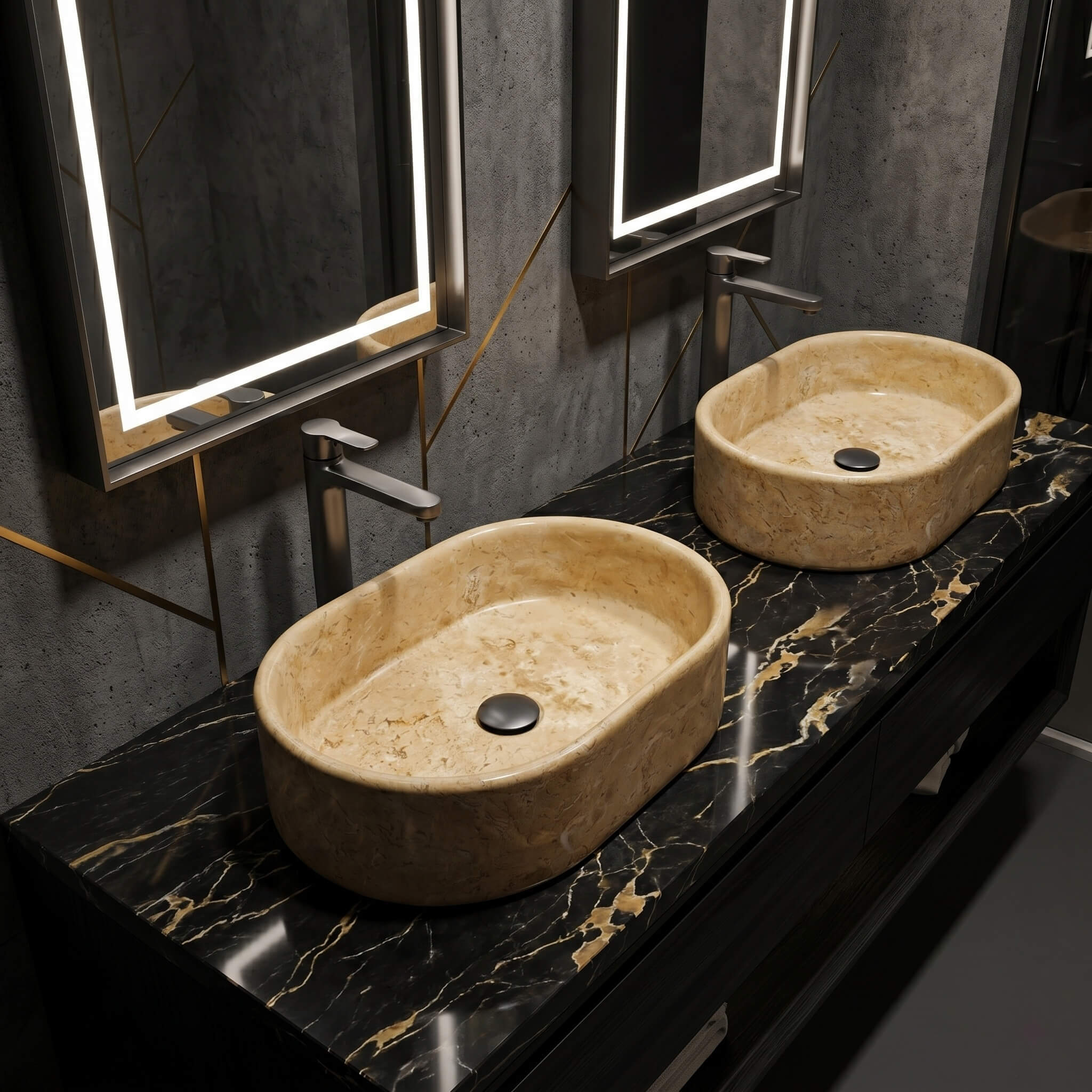 Two Amber Gold marble vessel sinks on black Portoro marble vanity with matte black faucets and LED-backlit mirrors in a dark luxury bathroom.