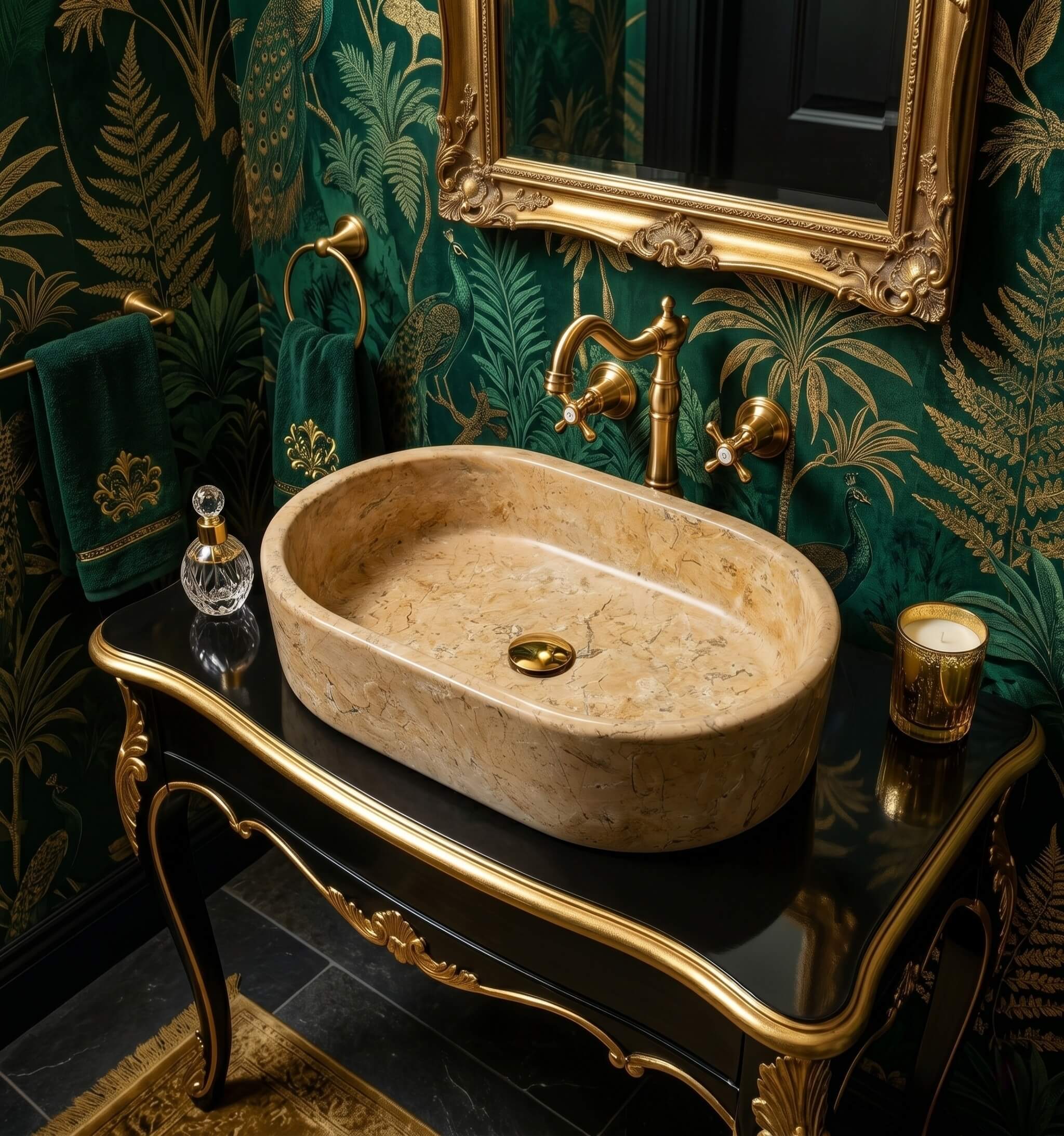 Amber Gold marble vessel sink on black-and-gold console with vintage brass faucet and emerald botanical wallpaper in a maximalist glam bathroom.