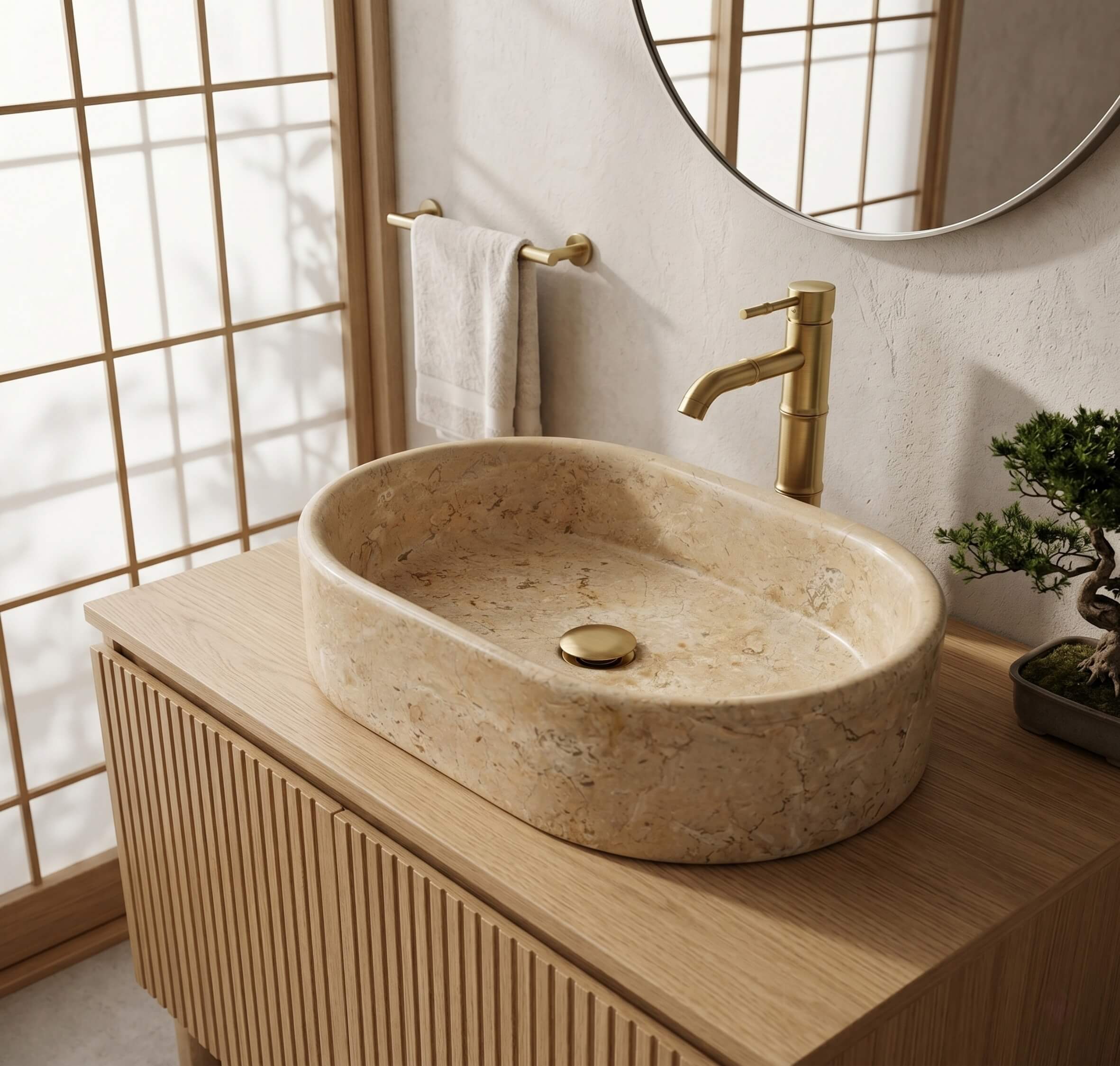 Amber Gold marble vessel sink on fluted oak vanity with brass bamboo faucet, bonsai accent, and diffused shoji window light, Japandi style.