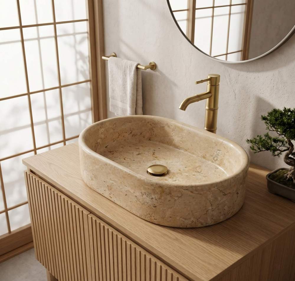 Hyatt Gold marble vessel sink on fluted oak vanity with brass bamboo faucet, bonsai accent, and diffused shoji window light, Japandi style.