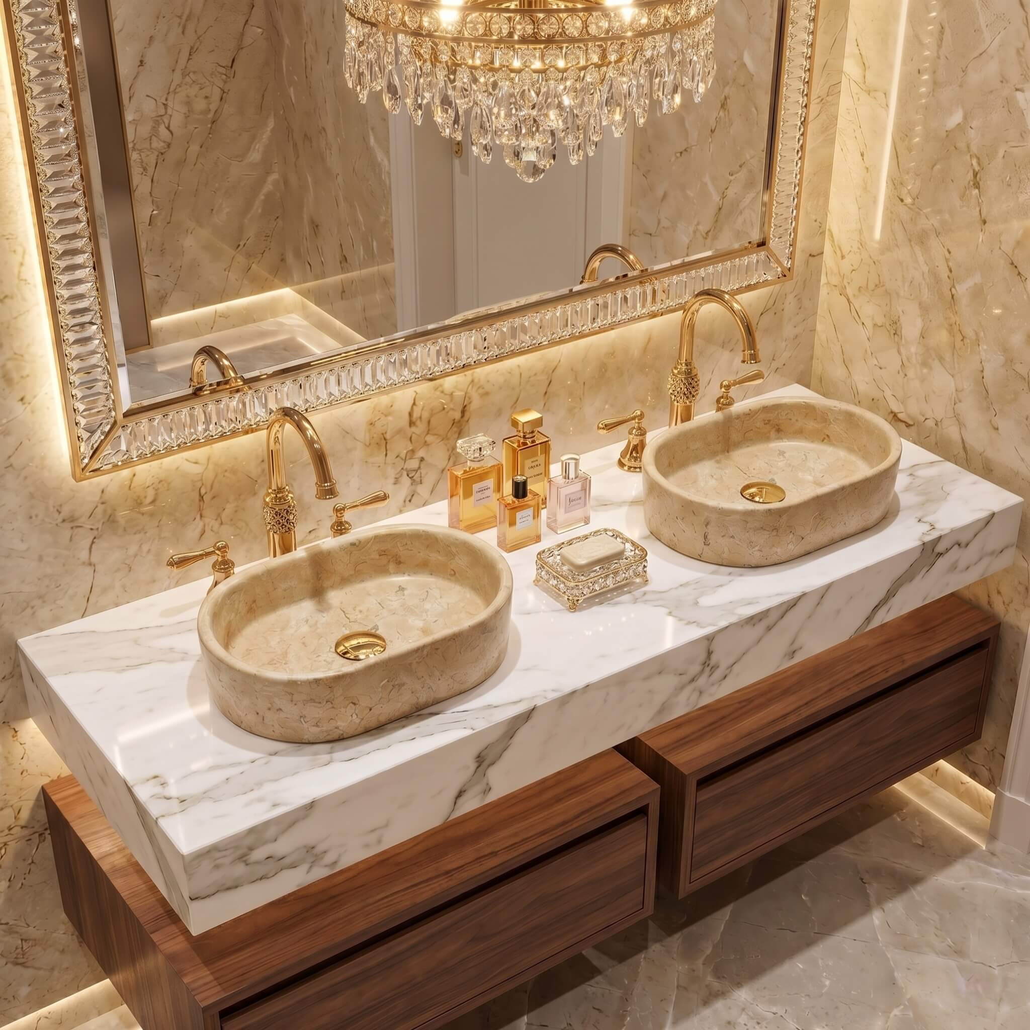 Amber Gold marble vessel sinks on white marble vanity with gold faucets and crystal chandelier in a grand luxury baroque bathroom.