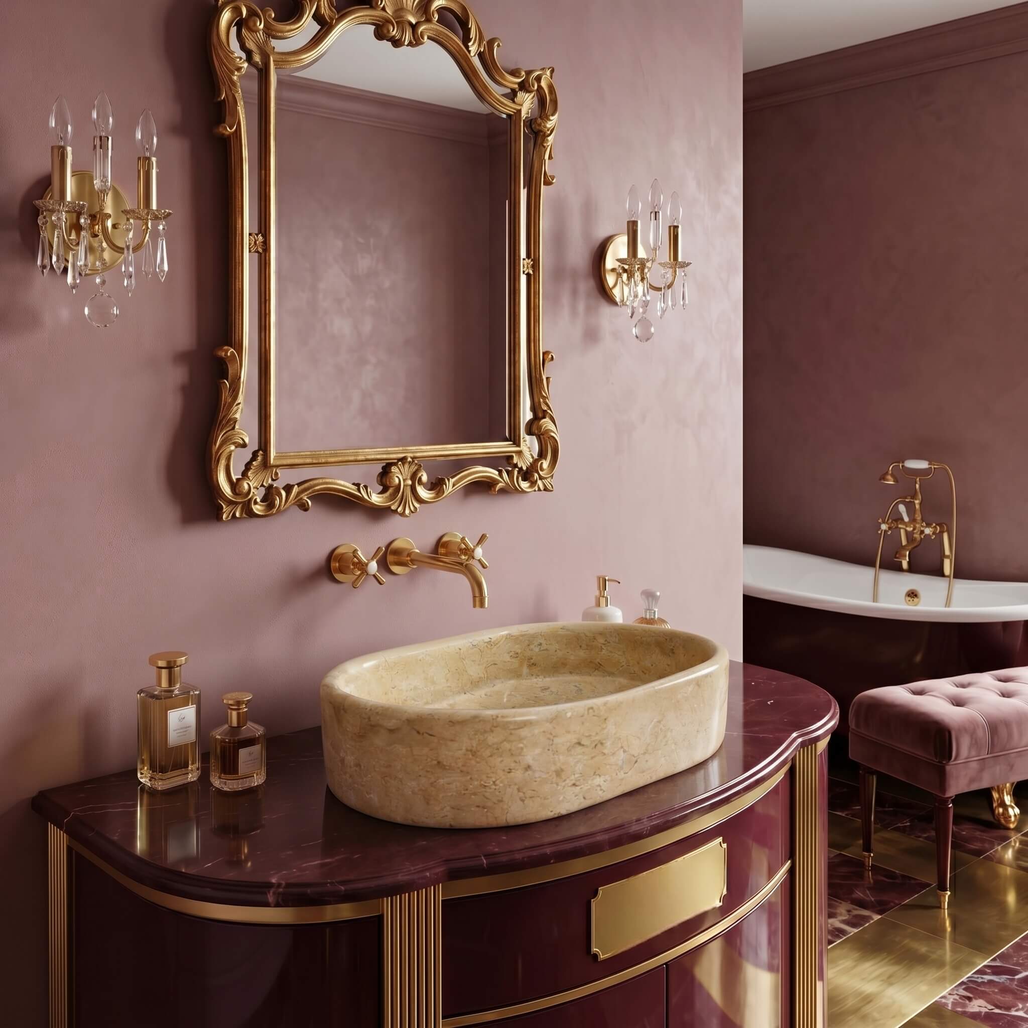 Amber Gold marble vessel sink on burgundy marble vanity with brass wall faucet and gold baroque mirror, dusty rose romantic bathroom.