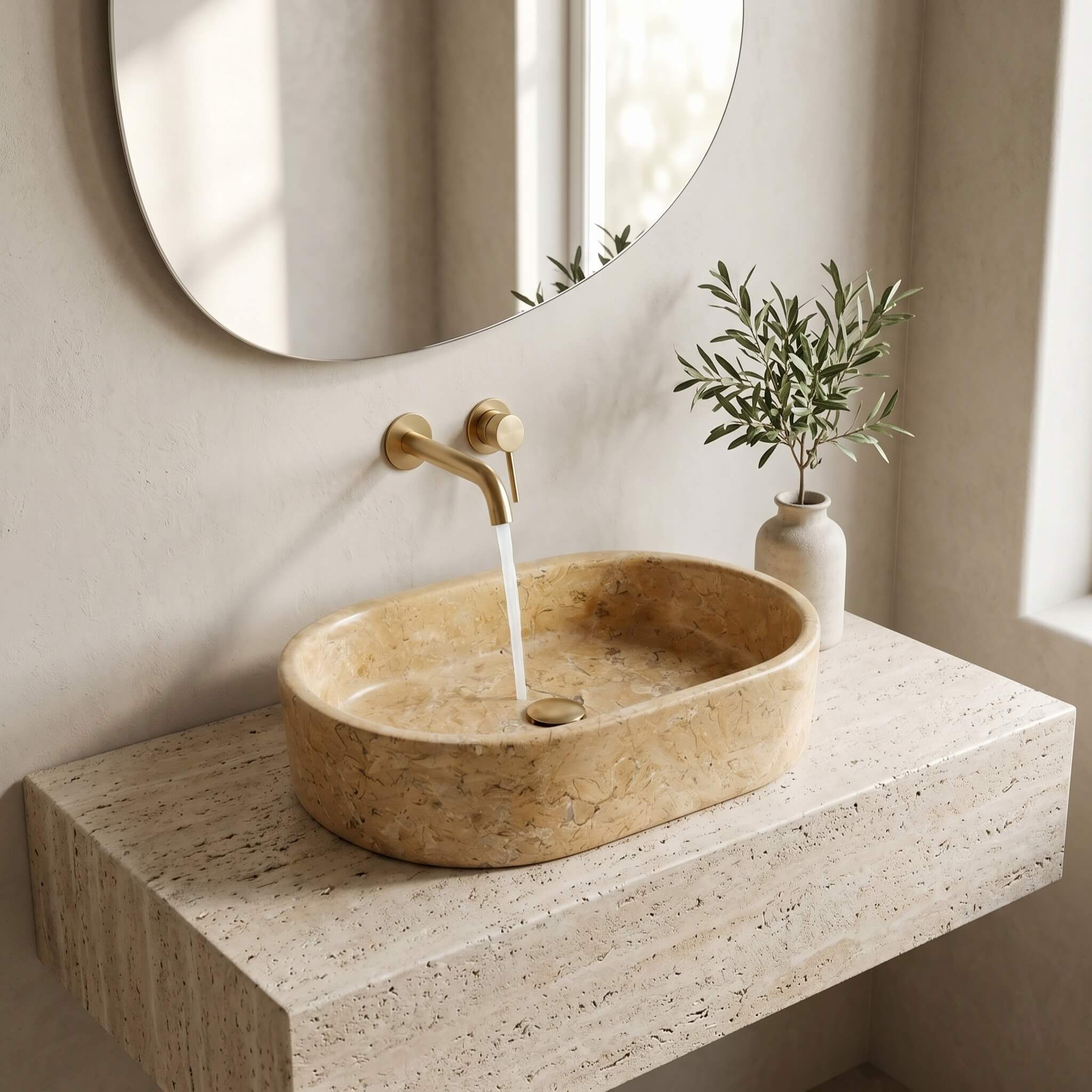 Amber Gold marble vessel sink on travertine floating vanity with brass wall faucet and olive branch, round mirror, Mediterranean minimalist style.