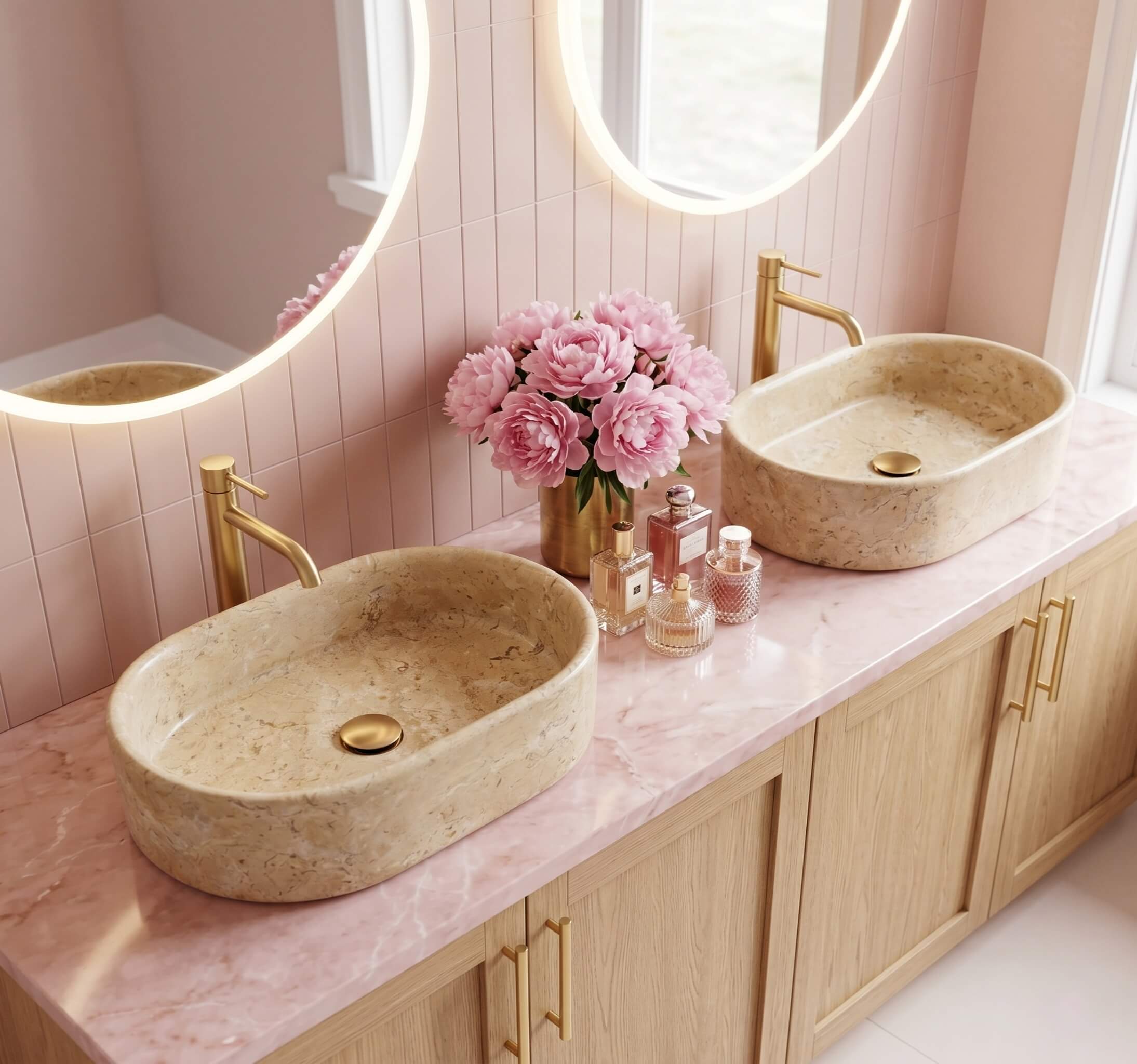 Amber Gold marble vessel sinks on pink marble countertop with brass faucets and peony bouquet, glam feminine bathroom with LED round mirrors.