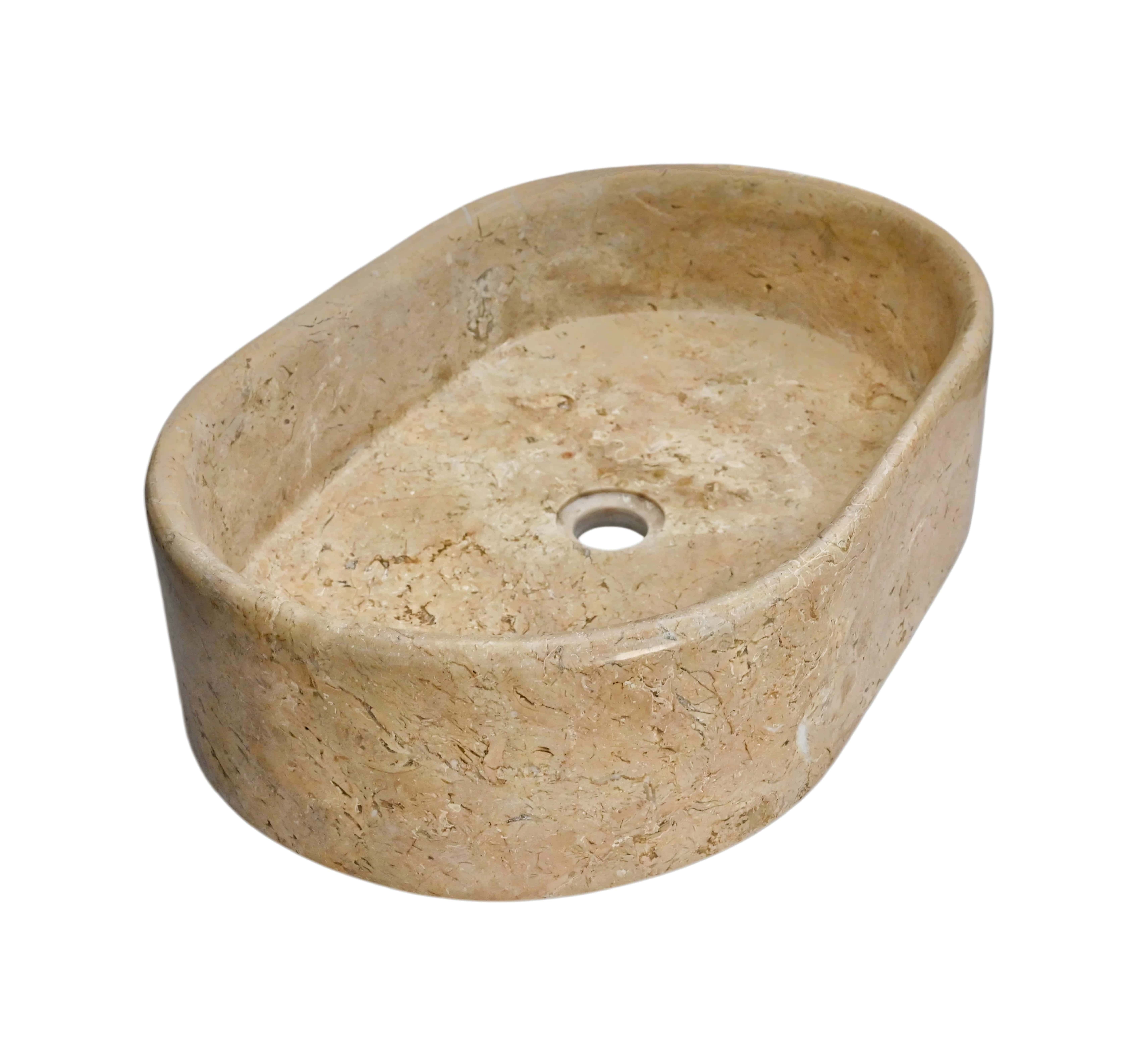 Amber Gold natural marble vessel sink, alternate unit showing lighter beige tone and arc veining pattern, polished finish, 600×400mm.