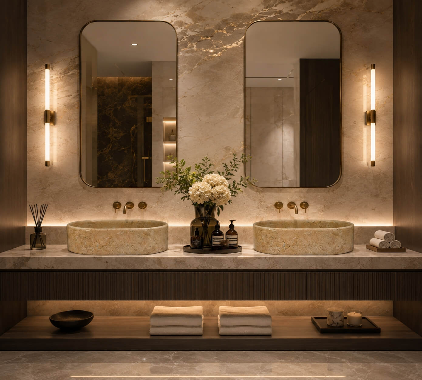 Dual Amber Gold marble vessel sinks with brass wall-mount faucets, white flowers, and warm LED ambient lighting in a spa-style marble bathroom.