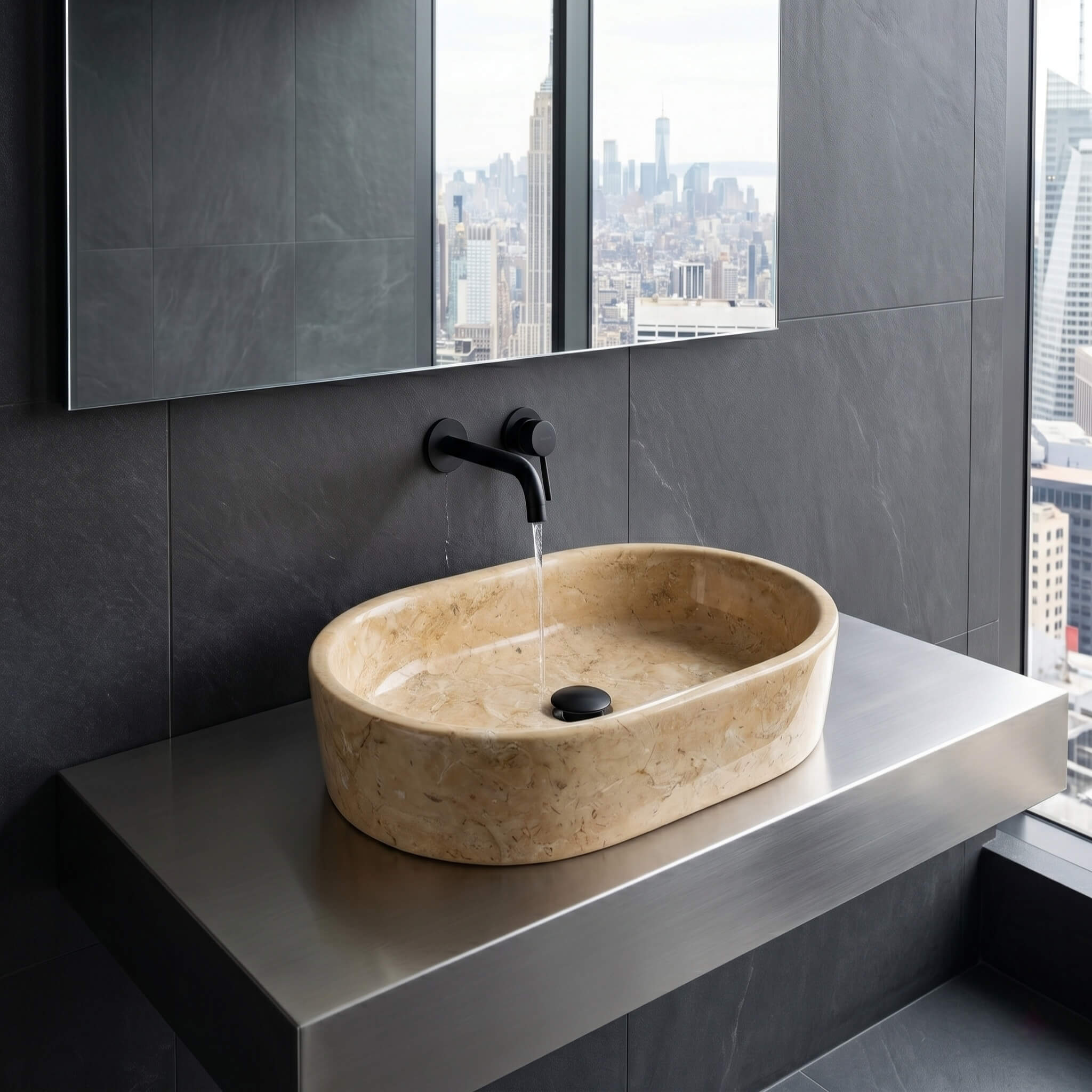 Amber Gold marble vessel sink on stainless steel vanity with matte black wall faucet and running water, overlooking a city skyline through windows.