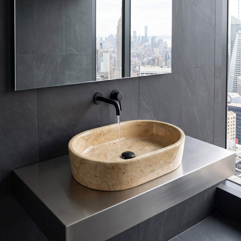 Hyatt Gold marble vessel sink on stainless steel vanity with matte black wall faucet and running water, overlooking a city skyline through windows.