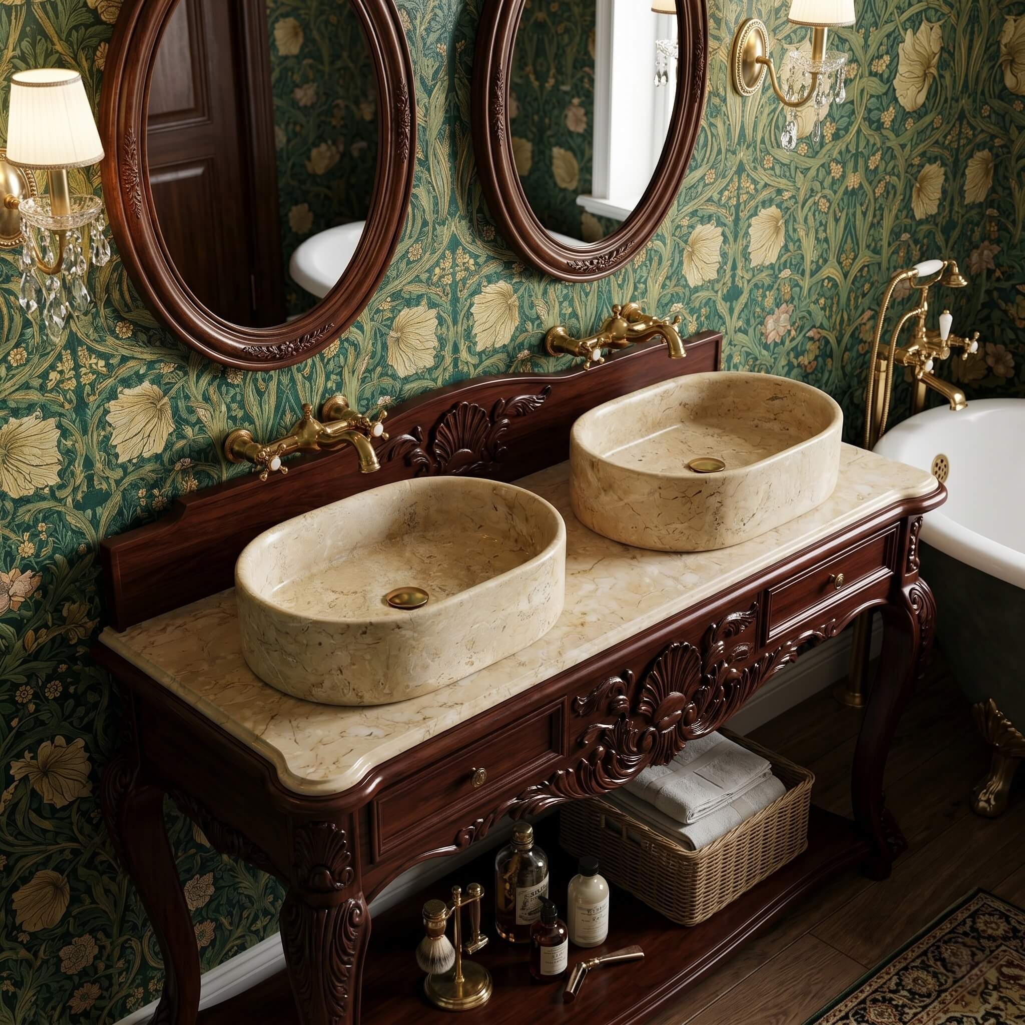 Two Amber Gold marble vessel sinks on a carved mahogany Victorian vanity with brass faucets, oval wood-frame mirrors, and Morris-pattern wallpaper.