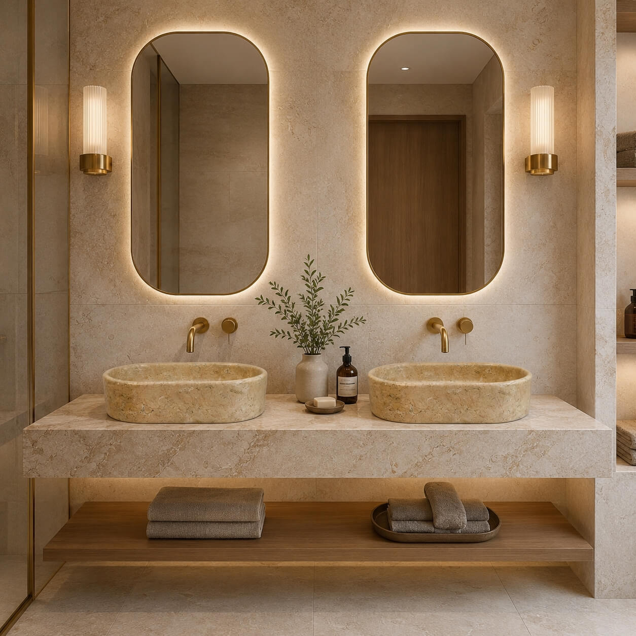 Amber Gold marble vessel sinks on beige marble vanity with brass disc faucets and backlit rounded mirrors, contemporary warm minimalist bathroom.