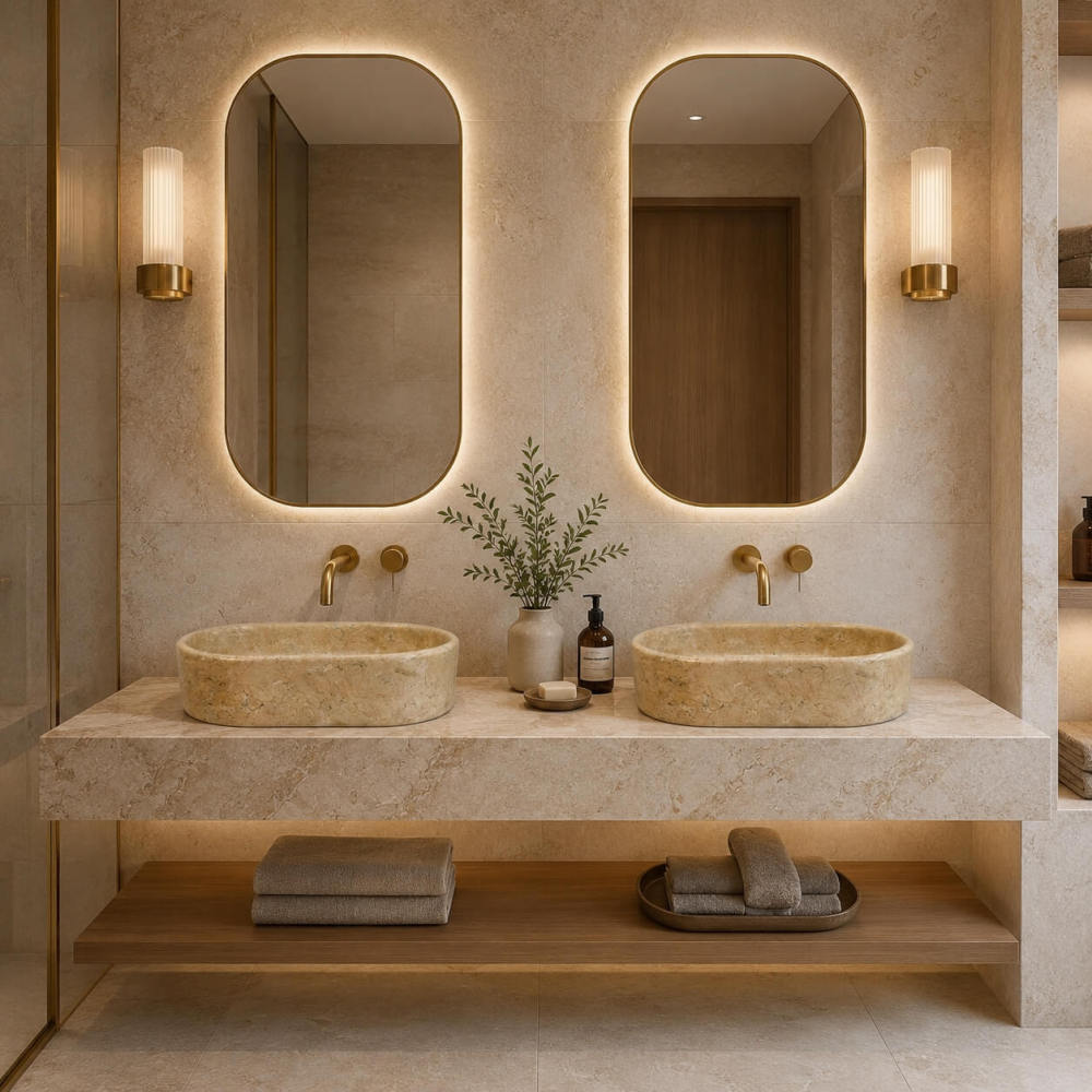 Hyatt Gold marble vessel sinks on beige marble vanity with brass disc faucets and backlit rounded mirrors, contemporary warm minimalist bathroom.