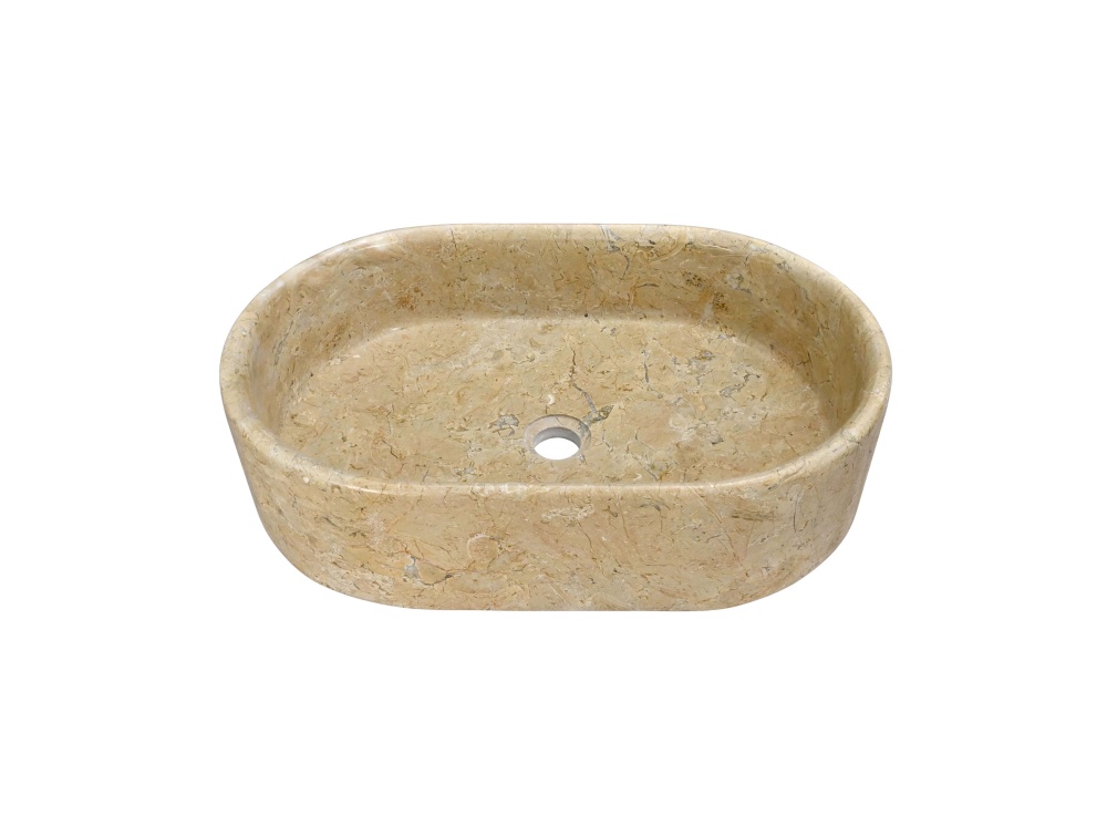 Oval Hyatt Gold natural marble vessel sink with polished finish, warm beige tone with gray veining, 600×400×150mm, center drain hole.
