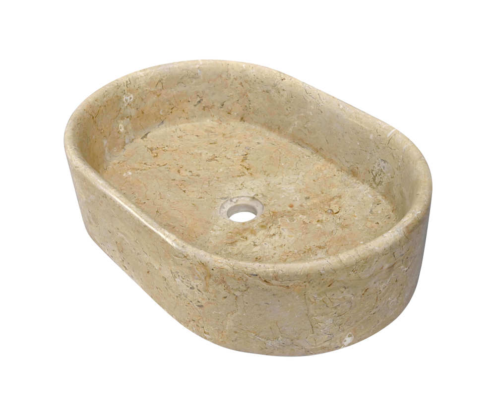 Side profile of Hyatt Gold marble vessel sink showing full 150mm wall height, polished exterior with gold-beige veining and center drain.