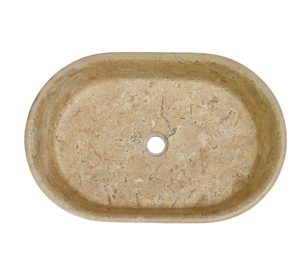Top view of Hyatt Gold marble vessel sink, oval squircle shape, center drain, natural gold-beige veining across full 600×400mm basin surface.