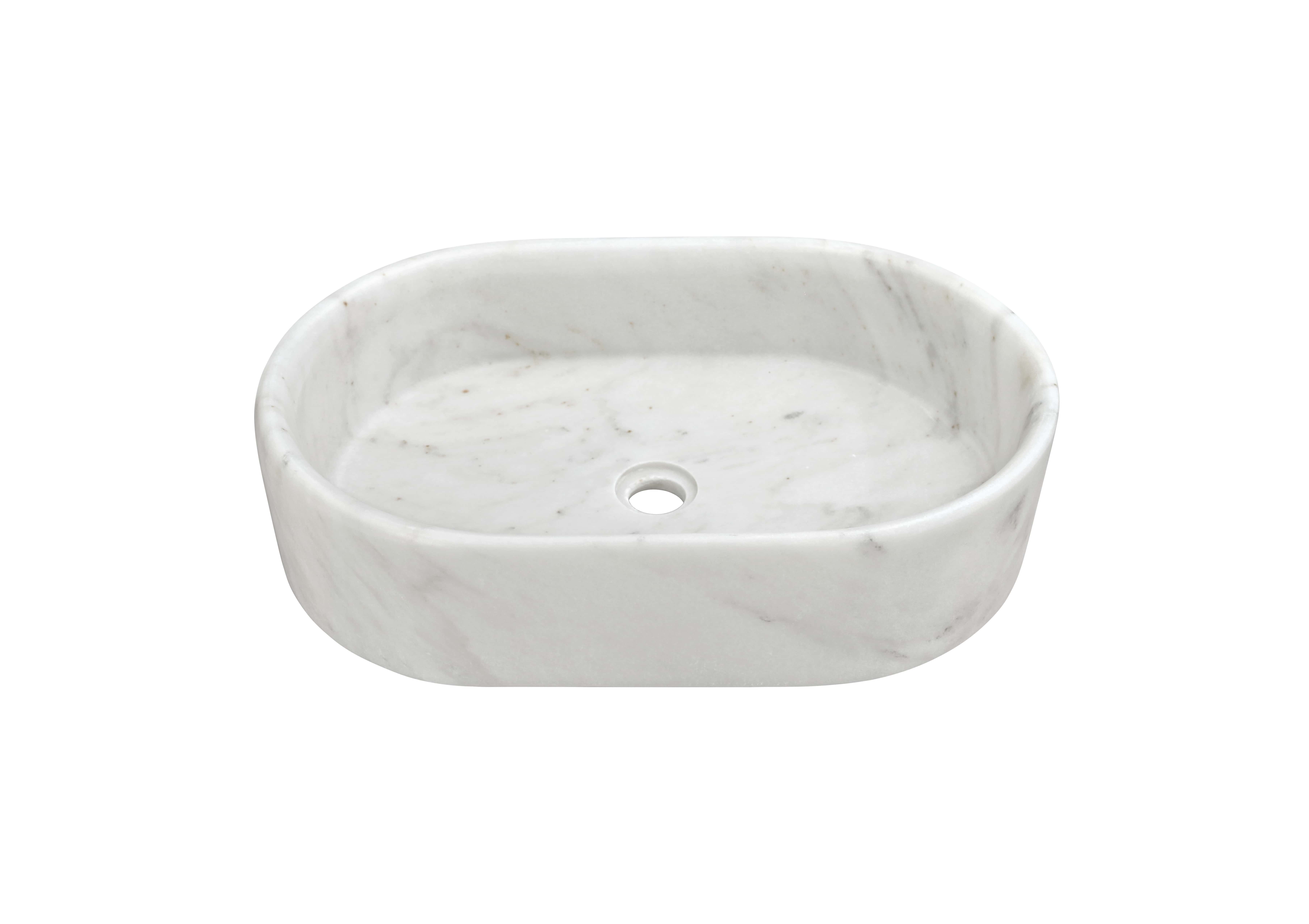 Snow Mountain White natural marble oval vessel sink, honed matte finish, 600x400x150mm, single center drain, soft gray and warm veining, angled front view.