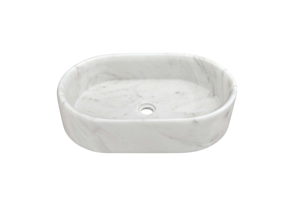 Snow Mountain White natural marble oval vessel sink, honed matte finish, 600x400x150mm, single center drain, soft gray and warm veining, angled front view.