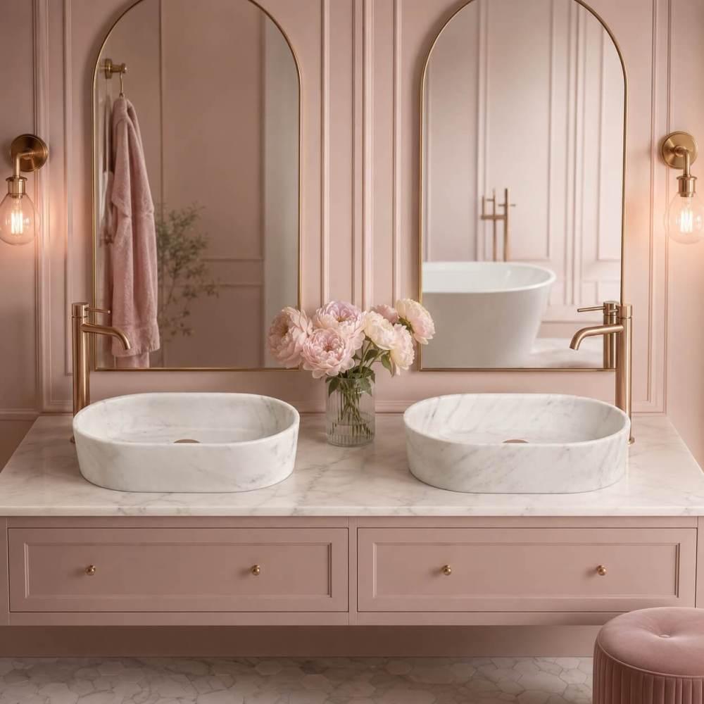Two Snow Mountain White marble oval vessel sinks on a blush pink vanity with arched gold mirrors, rose gold faucets and peonies in a romantic glam bathroom.