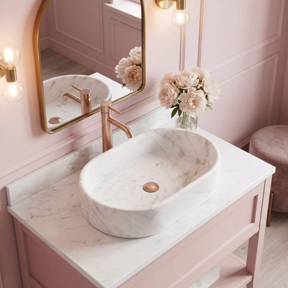 A Snow Mountain White marble oval vessel sink on a blush pink vanity with arched gold mirror, rose gold faucet and peonies in a romantic feminine glam bathroom.