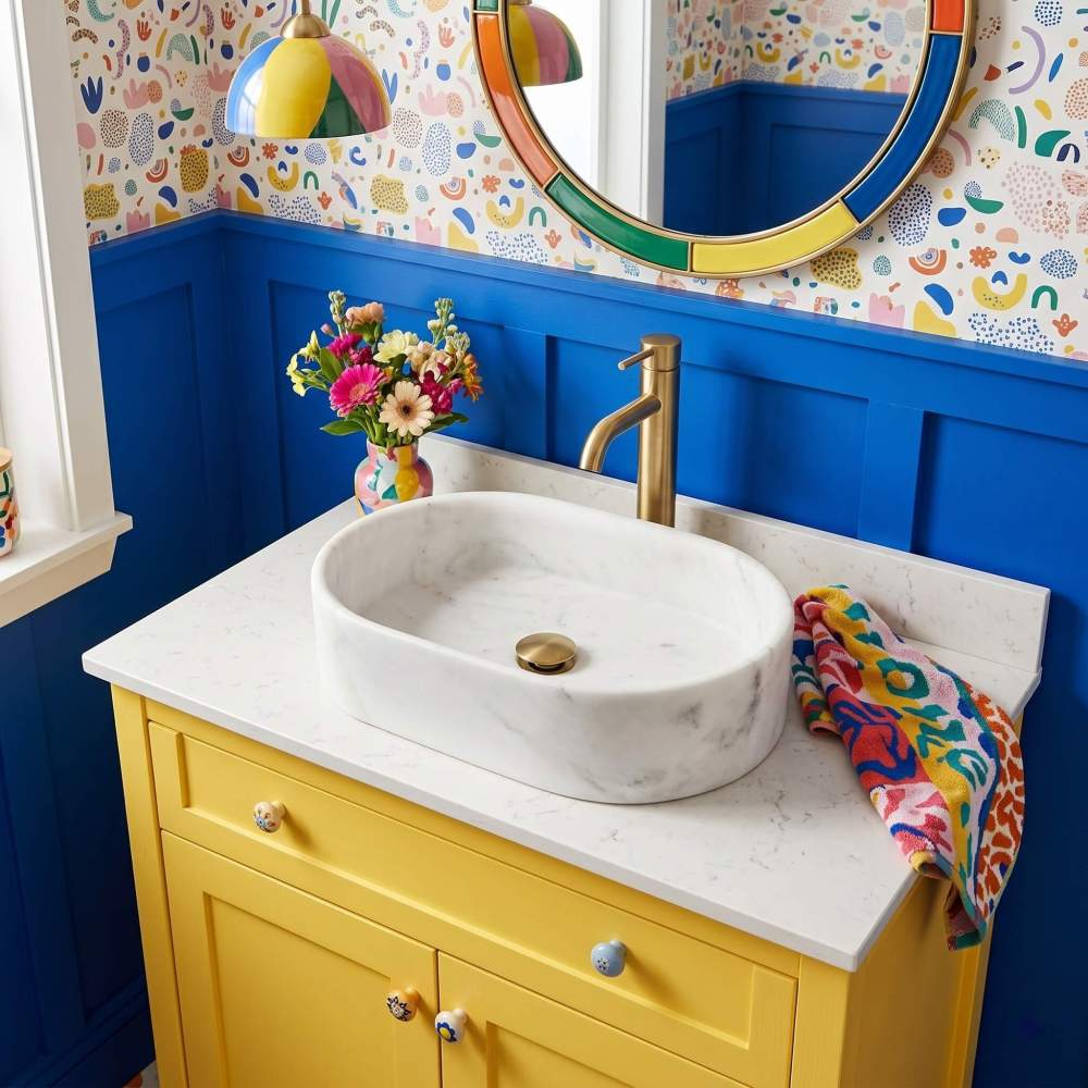 A Snow Mountain White marble oval vessel sink on a yellow vanity with cobalt wainscot, playful wallpaper and brass faucet in a bold maximalist bathroom.