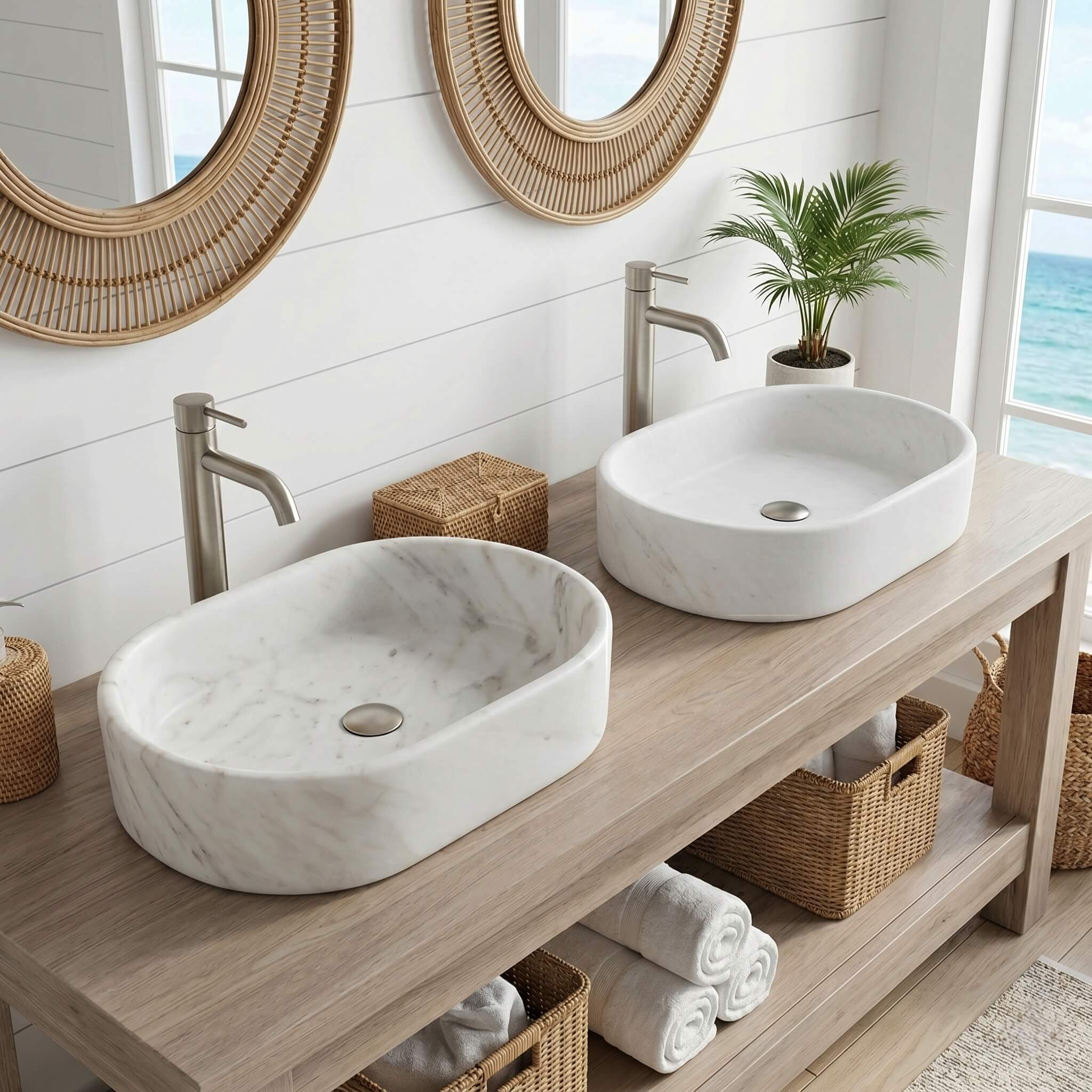 Snow Mountain White marble oval vessel sinks on a light wood vanity with rattan mirrors, woven baskets and palm by an ocean-view coastal bathroom window.