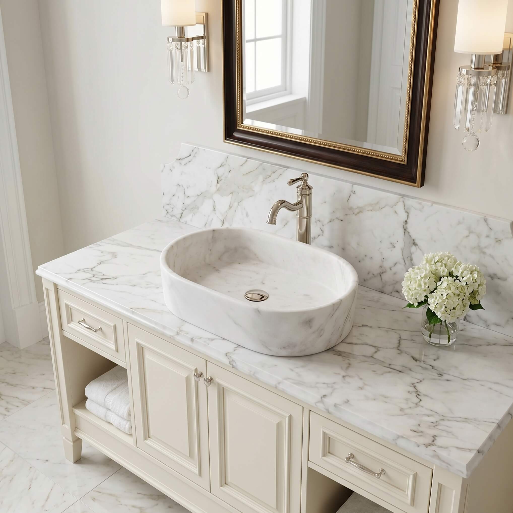 A Snow Mountain White marble oval vessel sink on a cream vanity with veined marble top and backsplash, nickel faucet and hydrangeas in an elegant traditional bath.