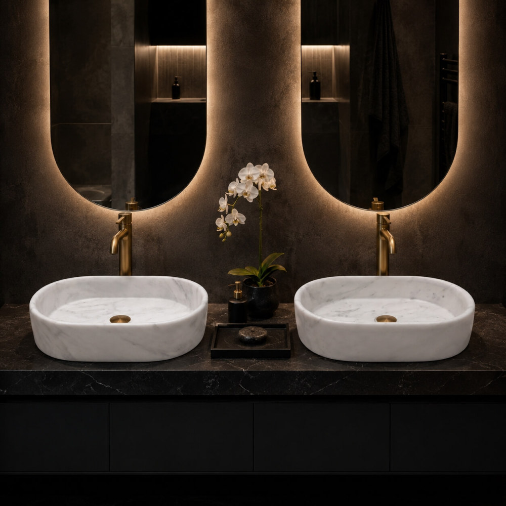 Two Snow Mountain White marble oval vessel sinks on a black countertop with brushed gold faucets and backlit mirrors in a dark, dramatic modern bathroom.