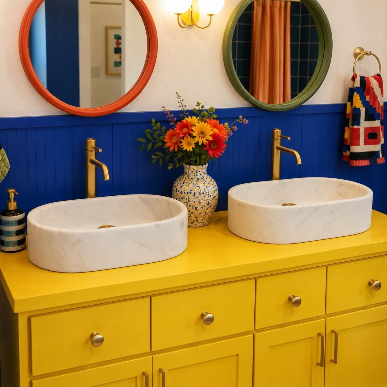 Snow Mountain White marble oval vessel sinks pop against a cobalt wainscot and yellow countertop with brass faucets in a bold maximalist color-block bathroom.