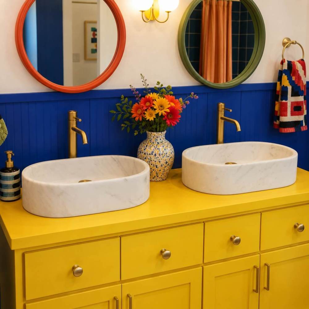 Snow Mountain White marble oval vessel sinks pop against a cobalt wainscot and yellow countertop with brass faucets in a bold maximalist color-block bathroom.