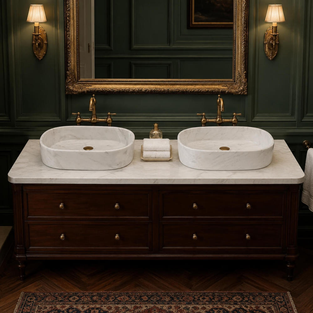 Two Snow Mountain White marble oval vessel sinks on a mahogany vanity with emerald paneling, gilt mirror and bridge faucets in a traditional English bathroom.