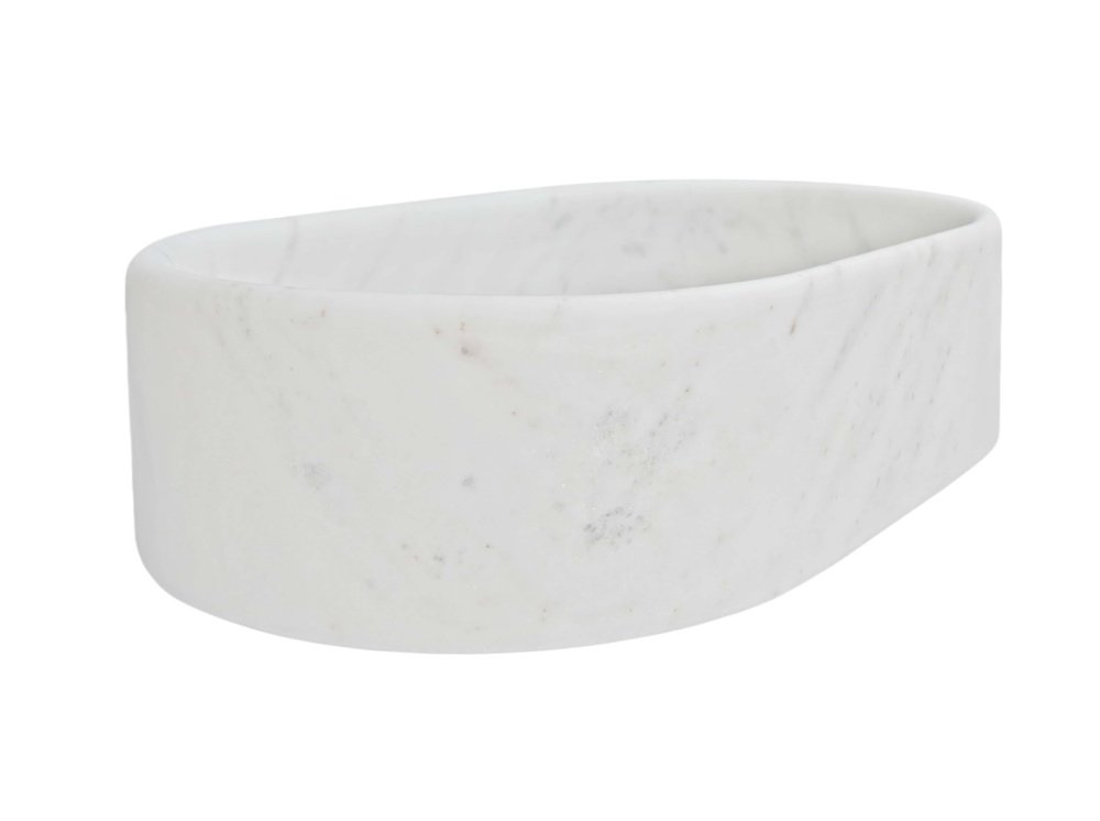 End profile of Snow Mountain White marble oval vessel sink showing smooth curved outer wall, honed matte finish, near-white stone with subtle mineral specks.