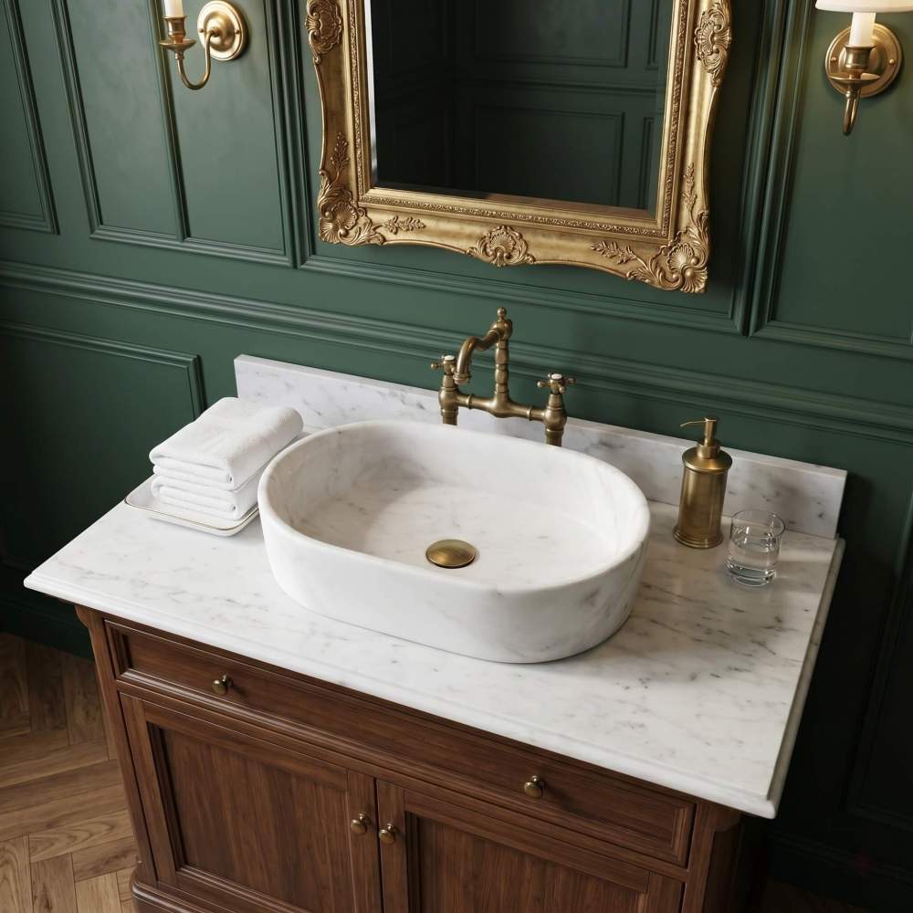 A Snow Mountain White marble oval vessel sink tops a walnut vanity against deep green paneling with a gilt mirror and bridge faucet in an English heritage bathroom.