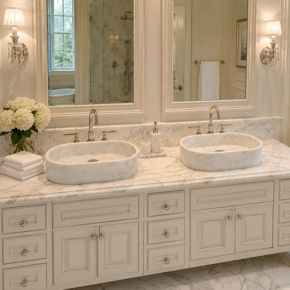 Paired Snow Mountain White marble oval vessel sinks crown an ivory raised-panel vanity with Carrara top, crystal sconces and hydrangeas in a classic traditional bath.