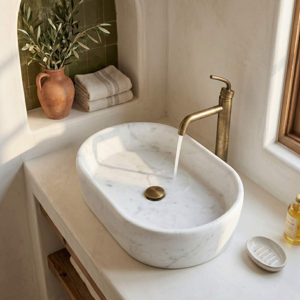 A single Snow Mountain White marble oval vessel sink with running water and aged brass faucet in a sunlit Mediterranean plaster nook with green zellige tile.