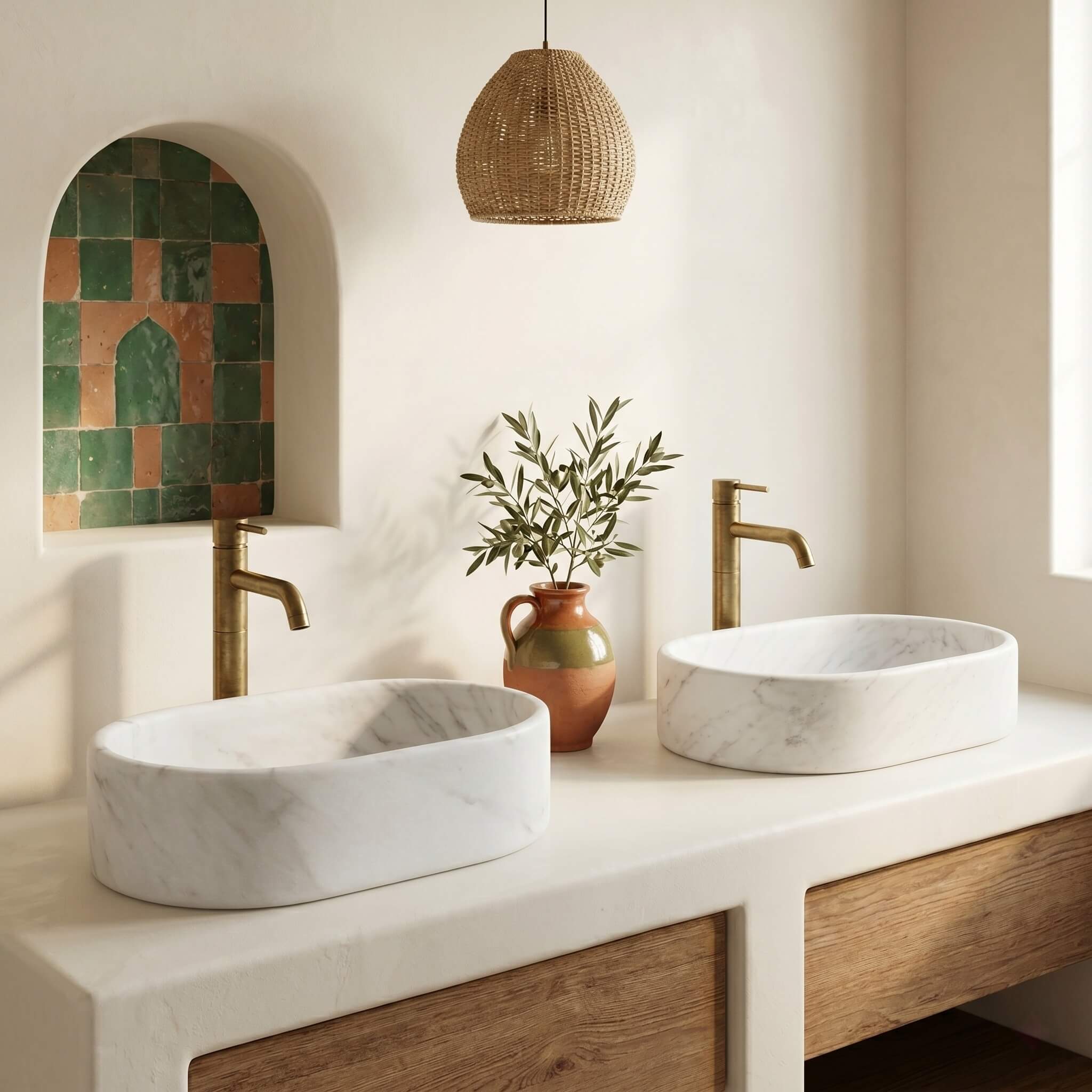 Snow Mountain White marble oval vessel sinks on a plaster vanity beside a green zellige niche with brass faucets and olive branch in a Mediterranean bathroom.