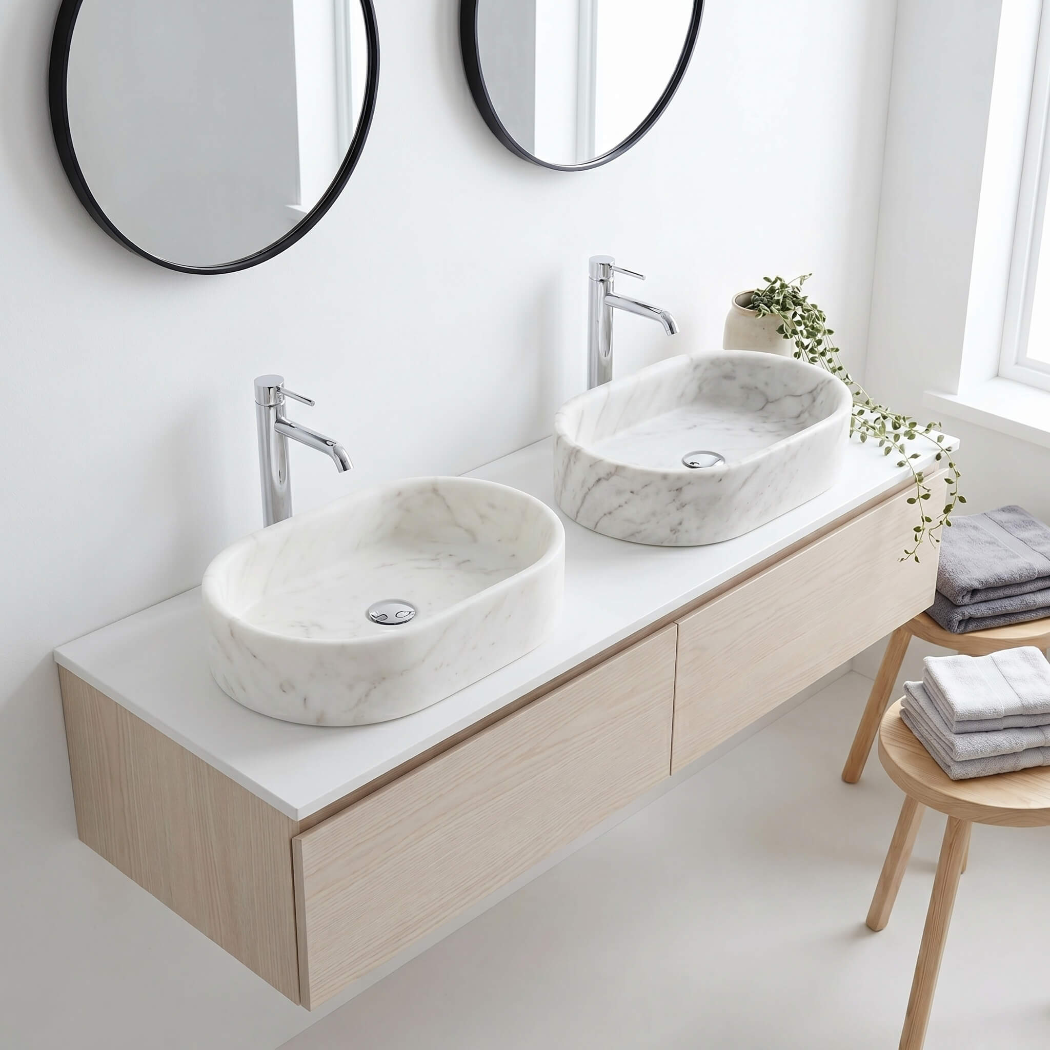 Two Snow Mountain White marble oval vessel sinks on a pale oak floating vanity with black-framed round mirrors and trailing greenery in a Scandinavian bathroom.