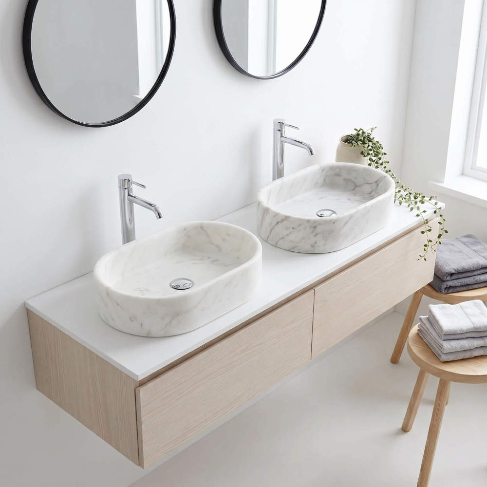 Two Snow Mountain White marble oval vessel sinks on a pale oak floating vanity with black-framed round mirrors and trailing greenery in a Scandinavian bathroom.